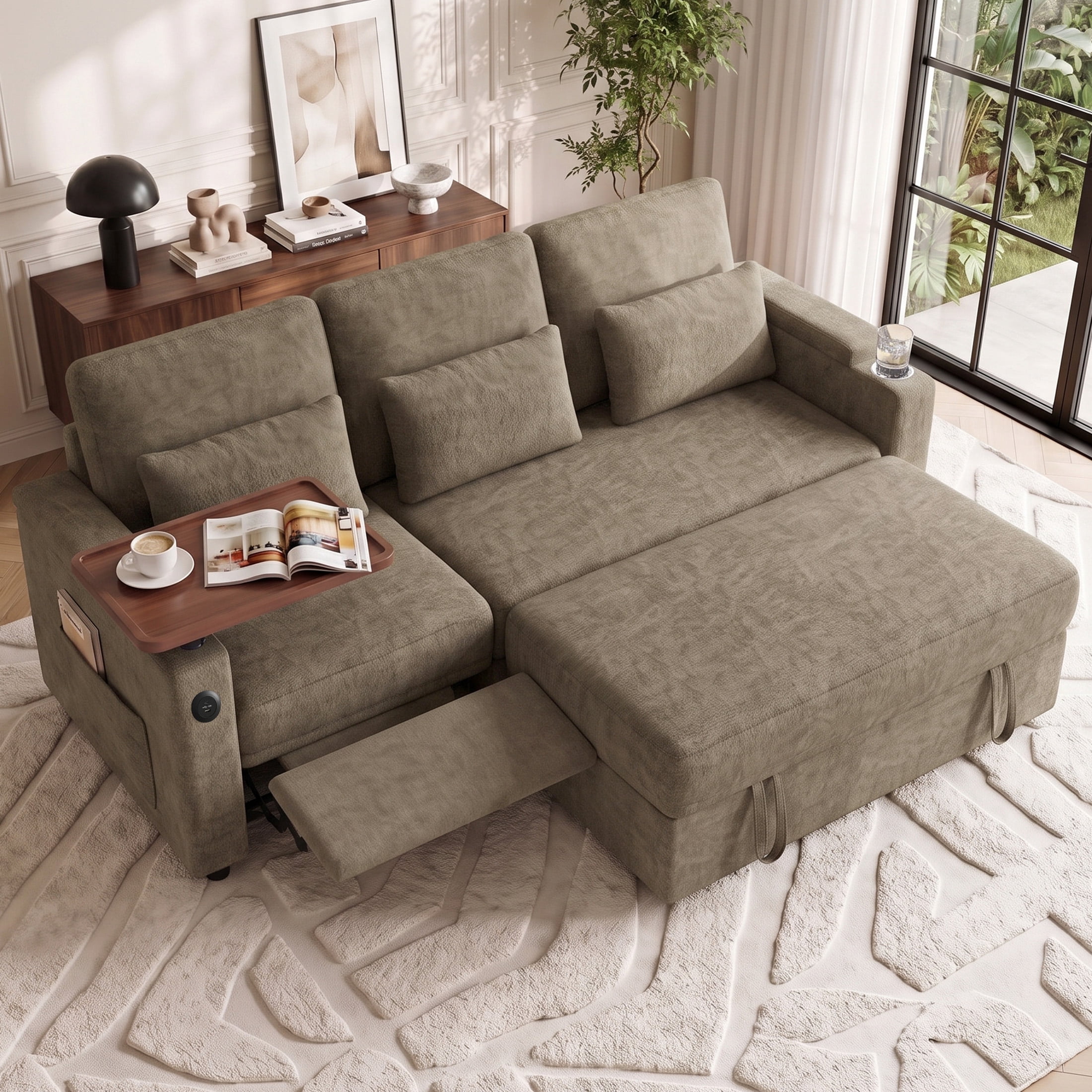 Aenkyo 81" 3-in-1 Convertible Sleeper Sofa with Pull Out Bed and Recliner, Adjustable Backrest, Khaki