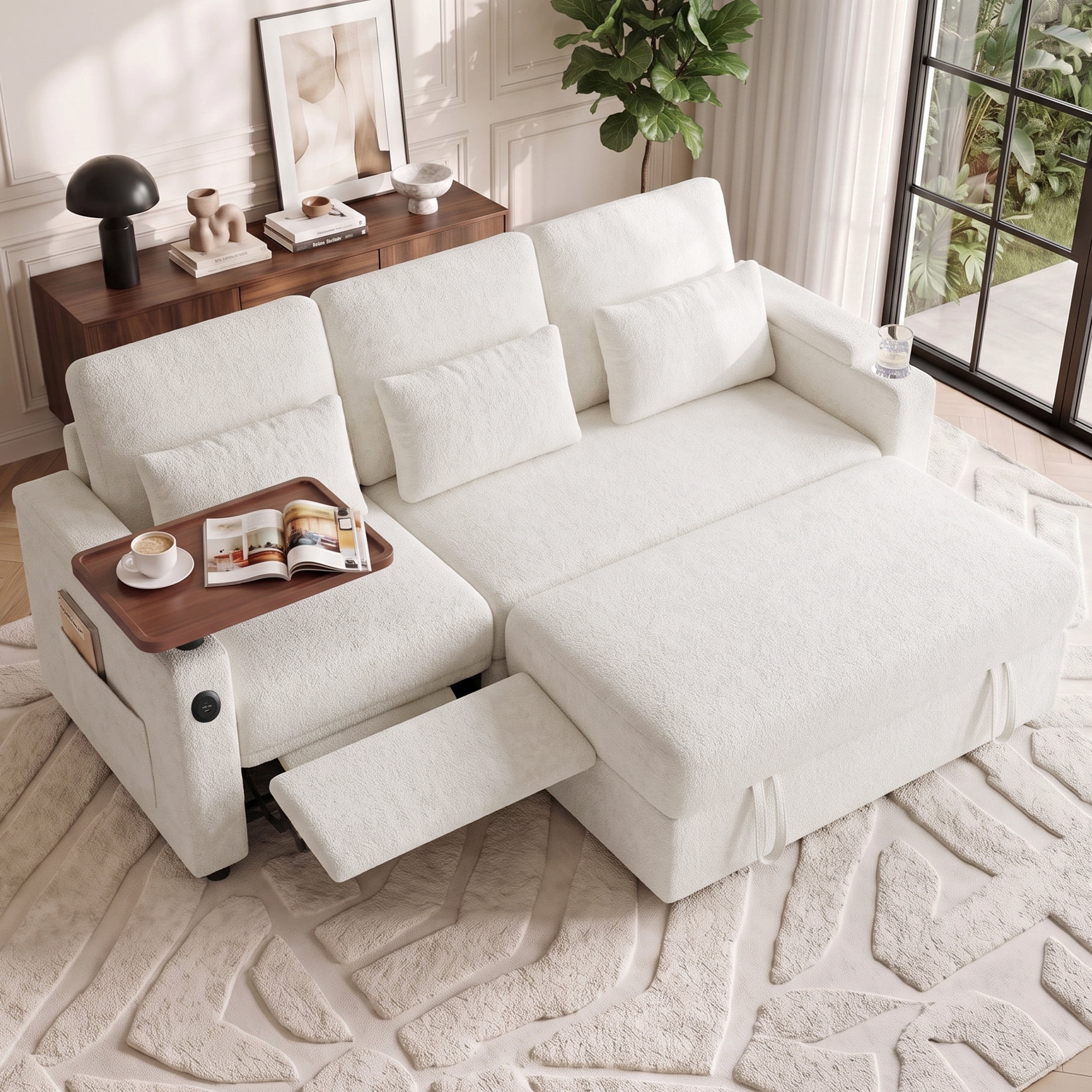 Aenkyo 81" 3-in-1 Convertible Sleeper Sofa with Pull Out Bed and Recliner, Adjustable Backrest, White