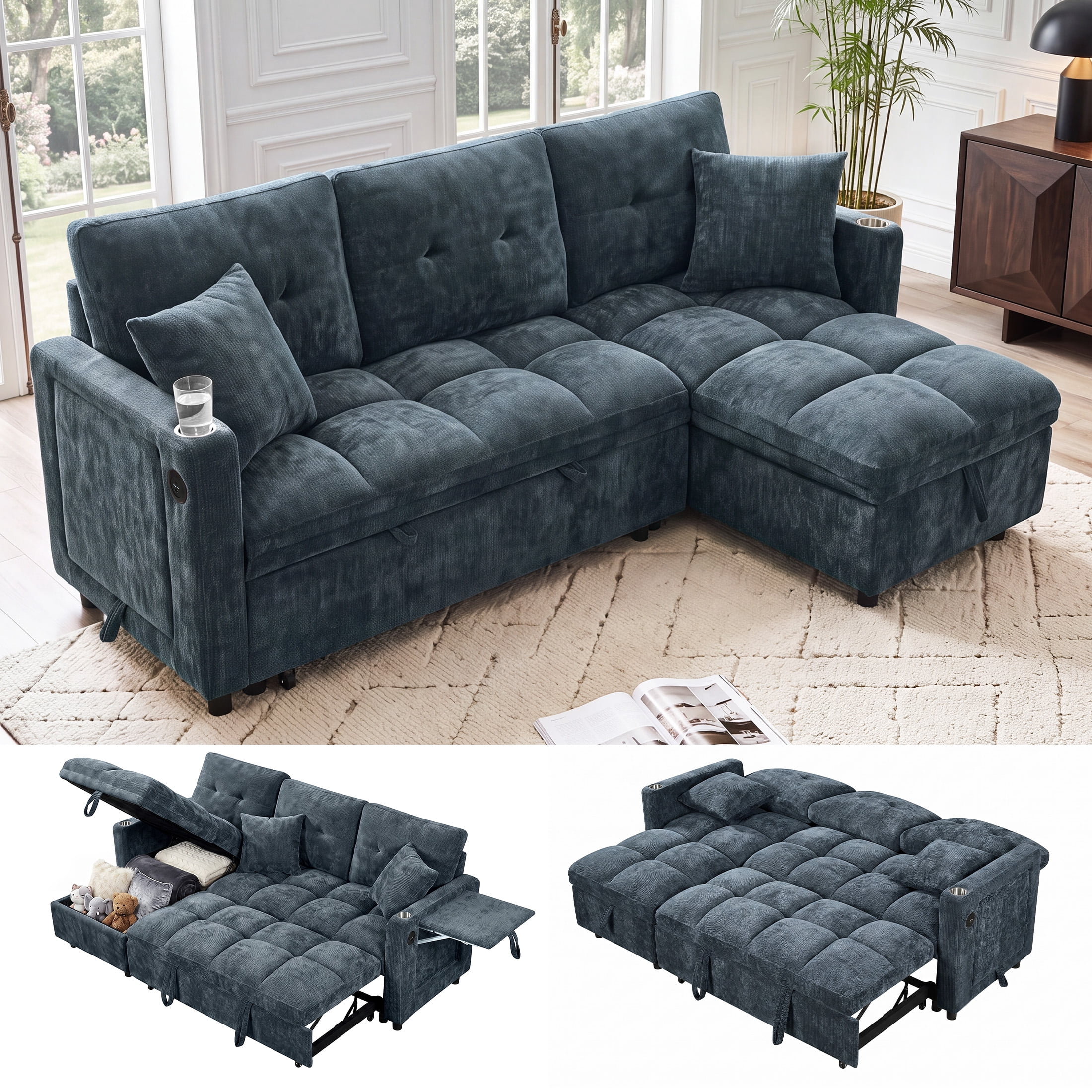 Aenkyo 82" Chenille L-Shaped Sectional Pull Out Sofa Bed with Storage Chaise & Side Table, Blue