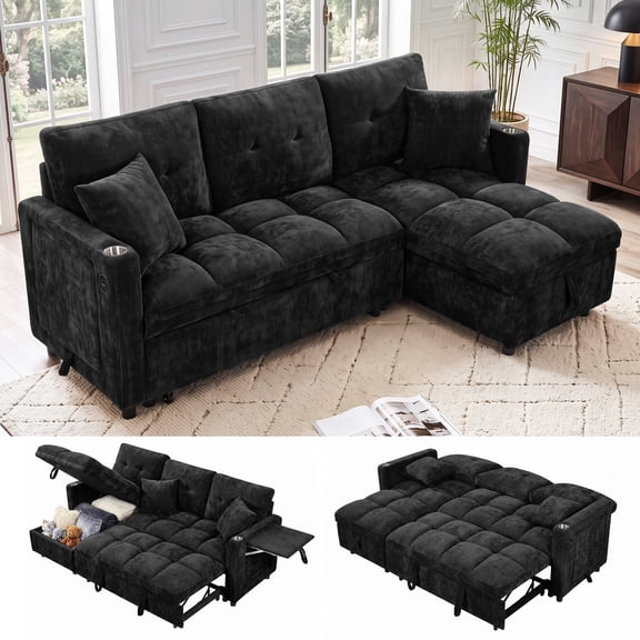 Aenkyo 82" Chenille L-Shaped Sectional Pull Out Sofa Bed with Storage Chaise & Side Table, Blue