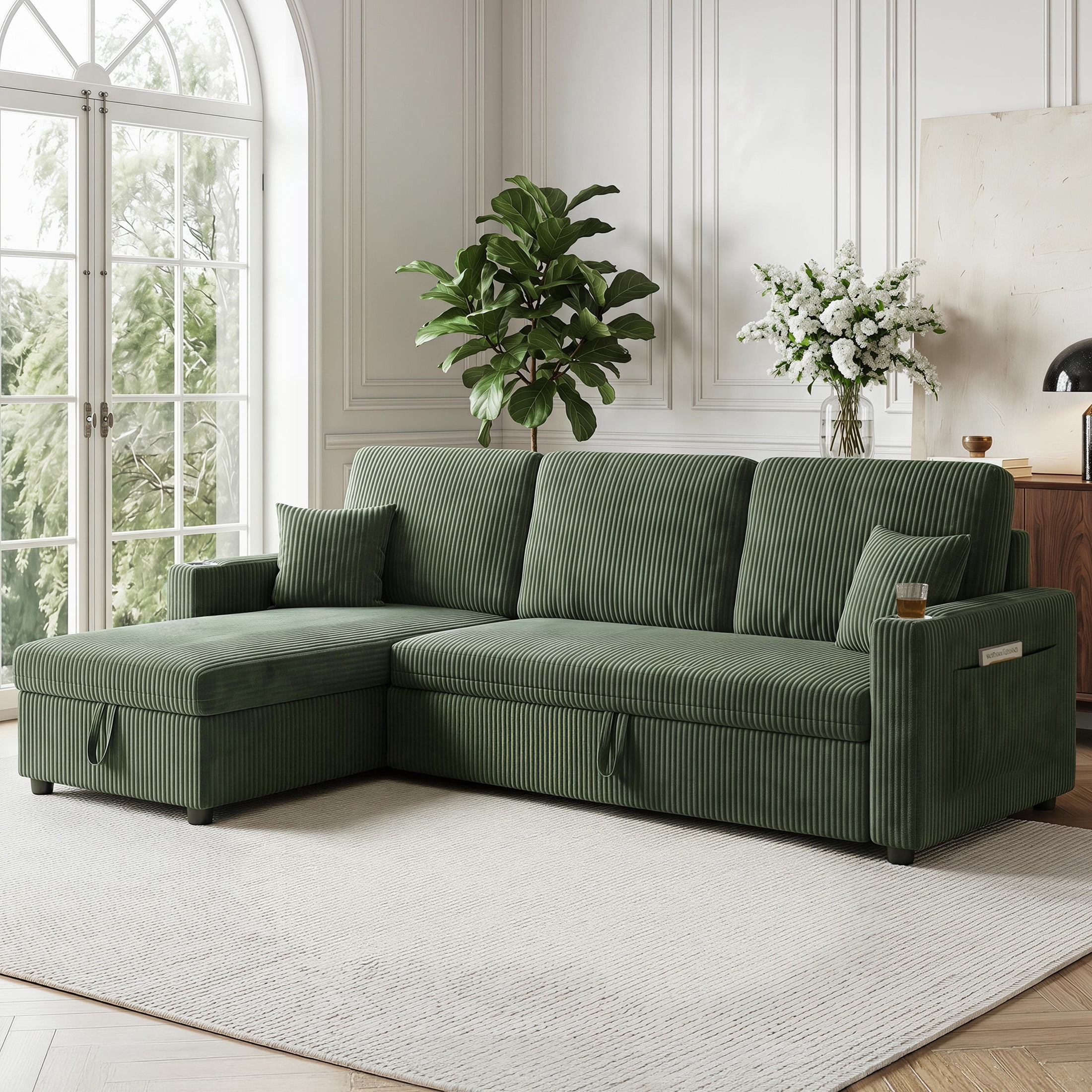 Aenkyo 84" Corduroy Pull Out Sofa Bed with Reversible Storage Chaise and USB Charging, Green