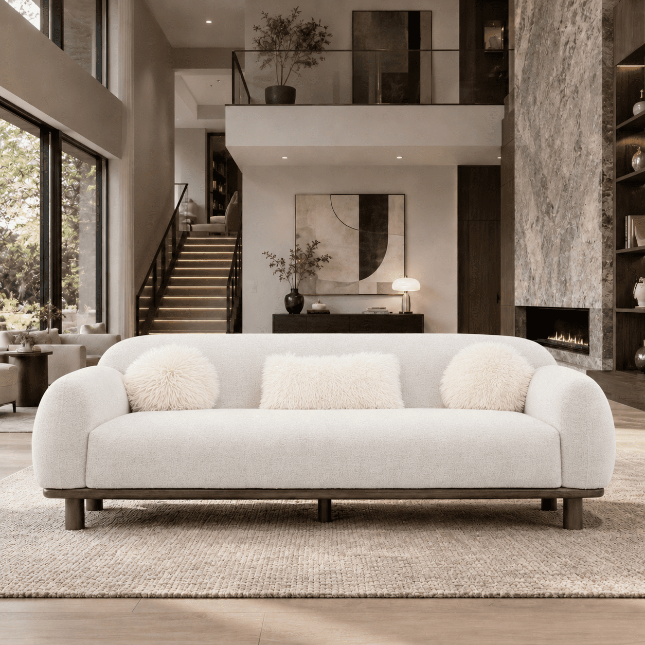 Aenkyo 84 Inch Modern Chenille Sofa, 3-Seater Deep Seat Couch with 3 Pillows, White