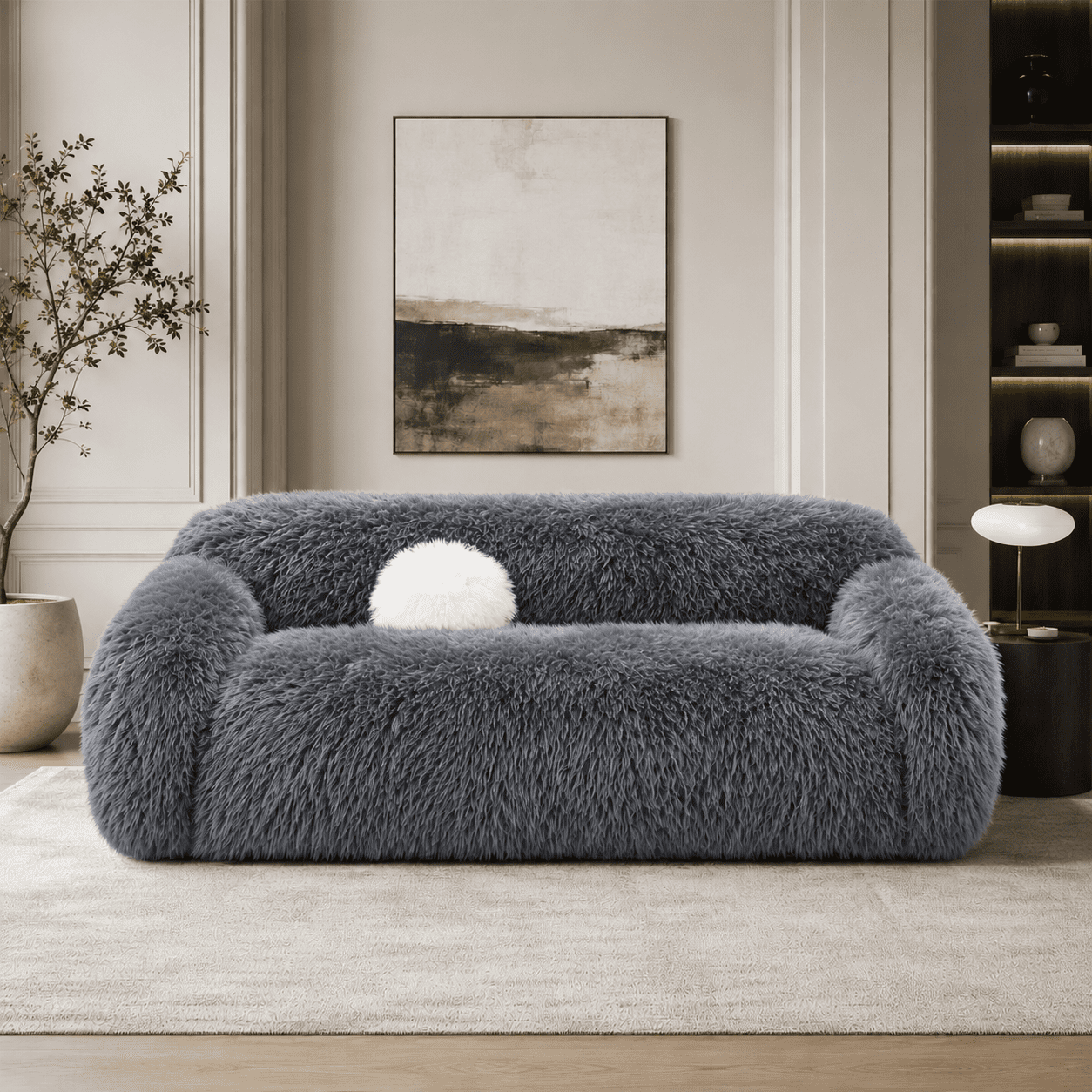 Aenkyo 84 Inch Plush Faux Fur Sofa, 25 Inch Deep Seat 3-Seater Couch with Ball Pillow, Gray