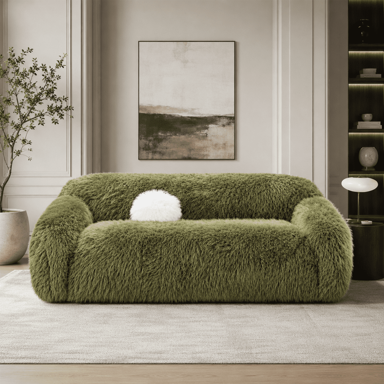 Aenkyo 84 Inch Plush Faux Fur Sofa, 25 Inch Deep Seat 3-Seater Couch with Ball Pillow, Green