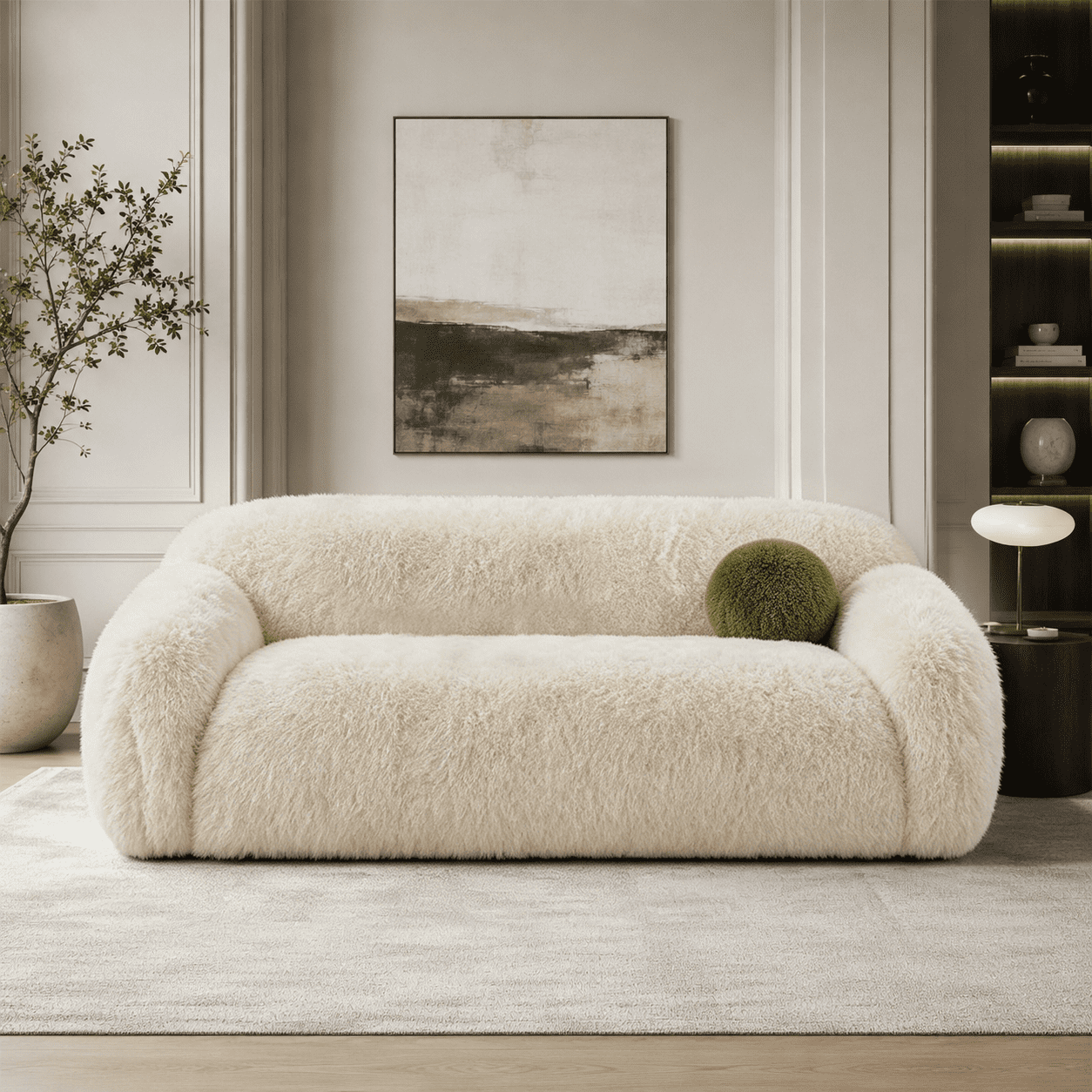 Aenkyo 84 Inch Plush Faux Fur Sofa, 25 Inch Deep Seat 3-Seater Couch with Ball Pillow, Sand