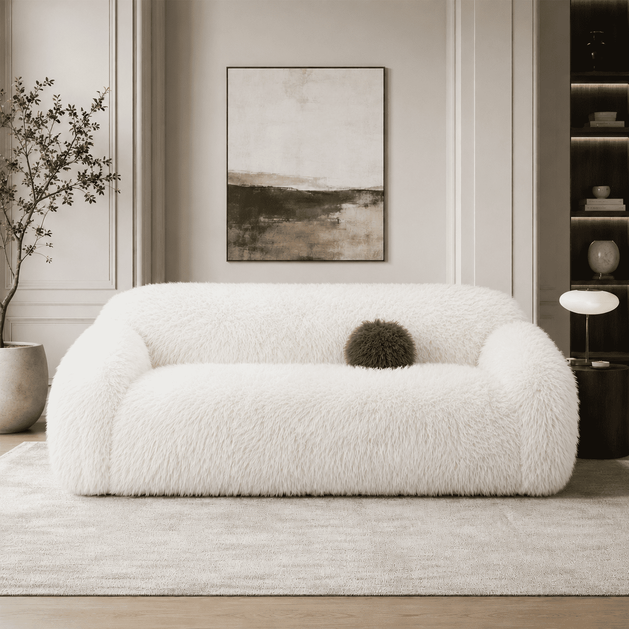 Aenkyo 84 Inch Plush Faux Fur Sofa, 25 Inch Deep Seat 3-Seater Couch with Ball Pillow, White