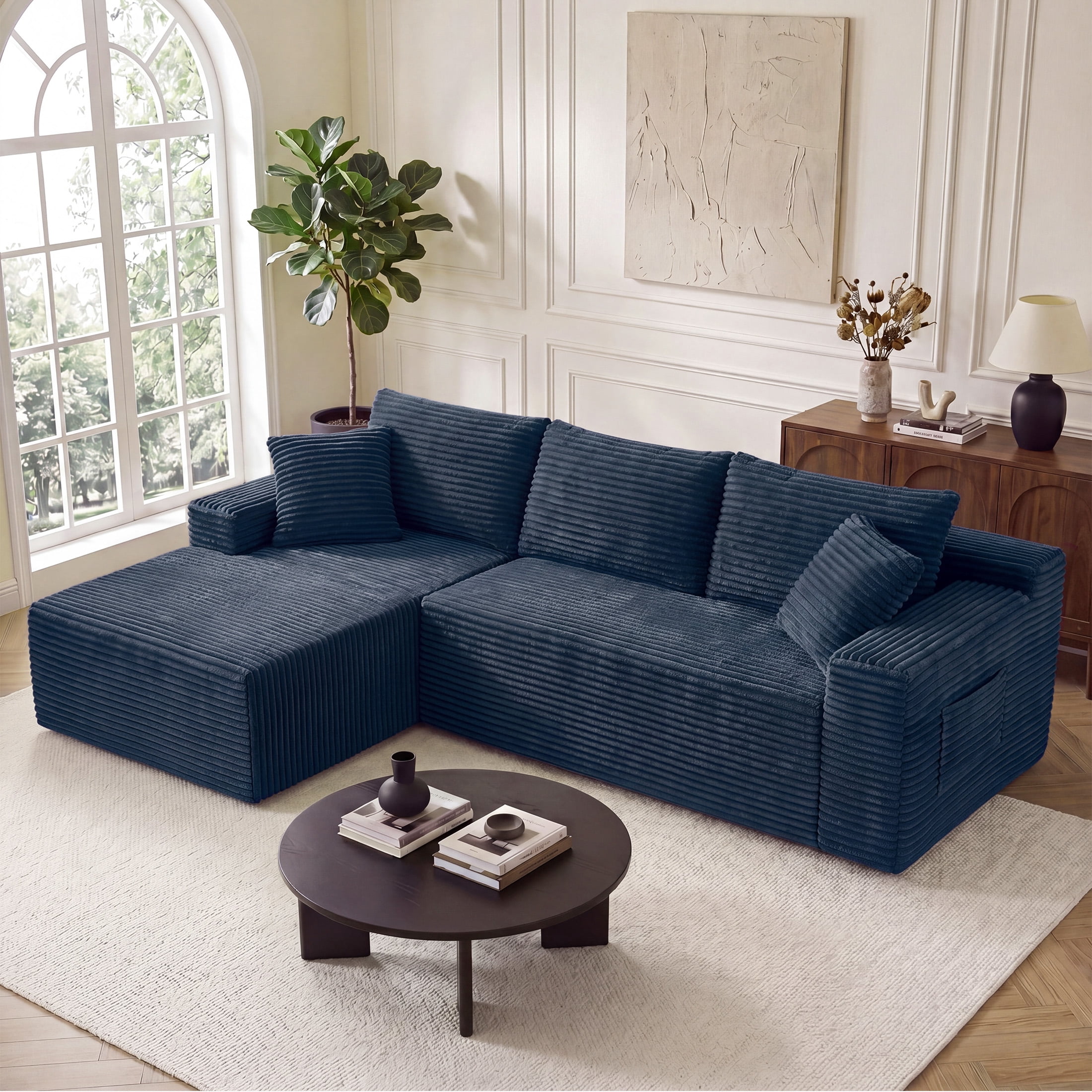 Aenkyo 95 Inch Corduroy L-Shaped Modular Sectional Sofa, Left Chaise, Blue