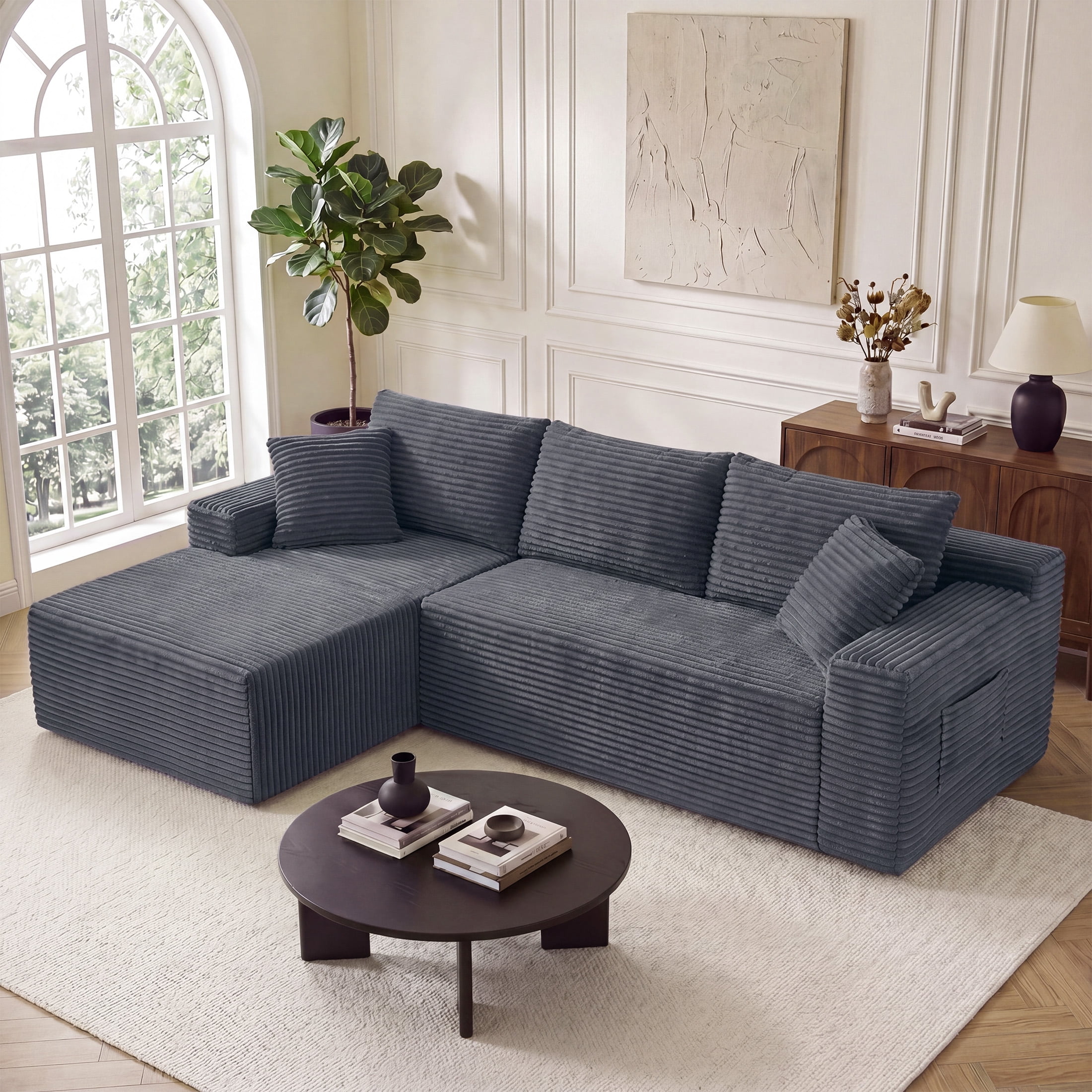 Aenkyo 95 Inch Corduroy L-Shaped Modular Sectional Sofa, Left Chaise, Gray