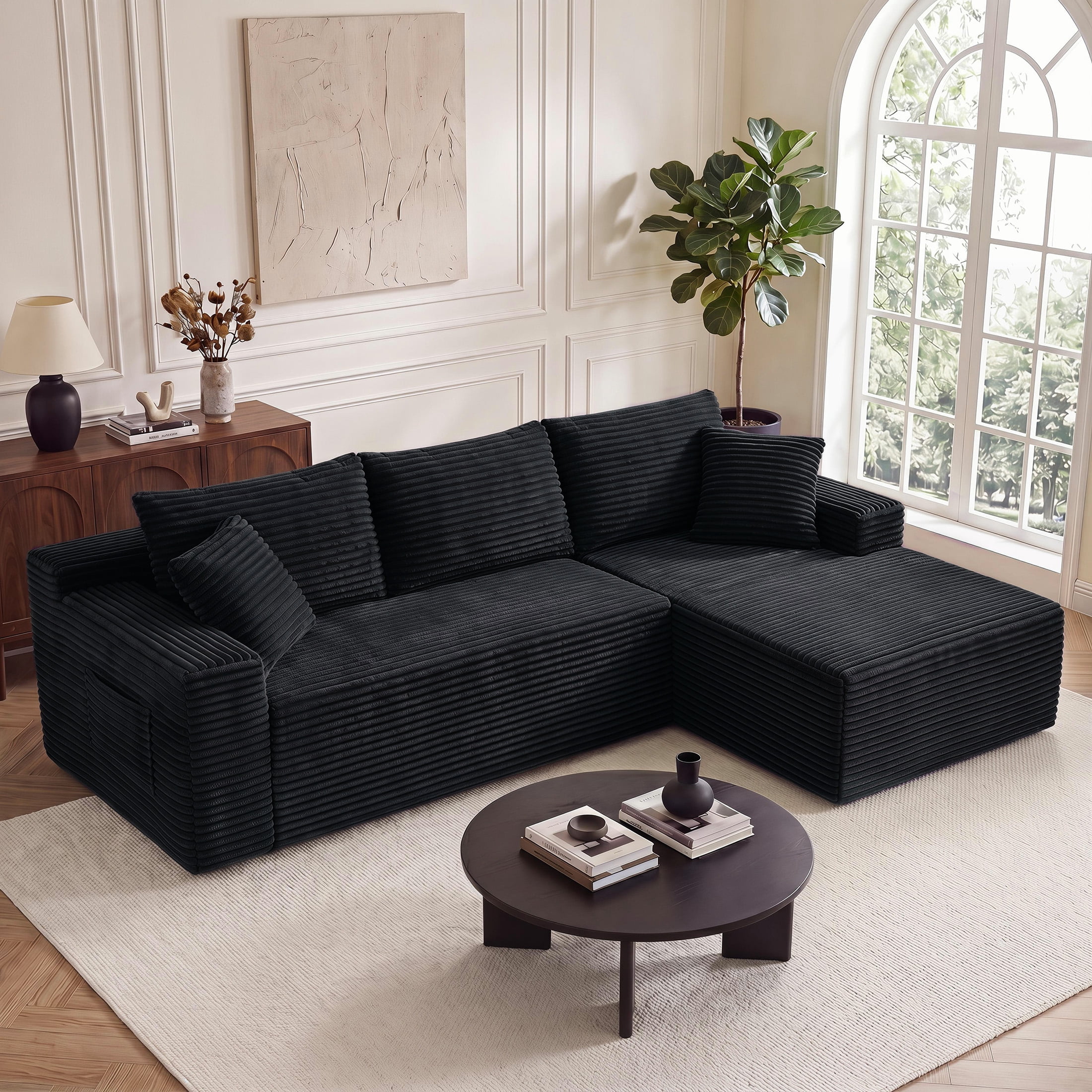 Aenkyo 95 Inch Corduroy L-Shaped Modular Sectional Sofa, Right Chaise, Black