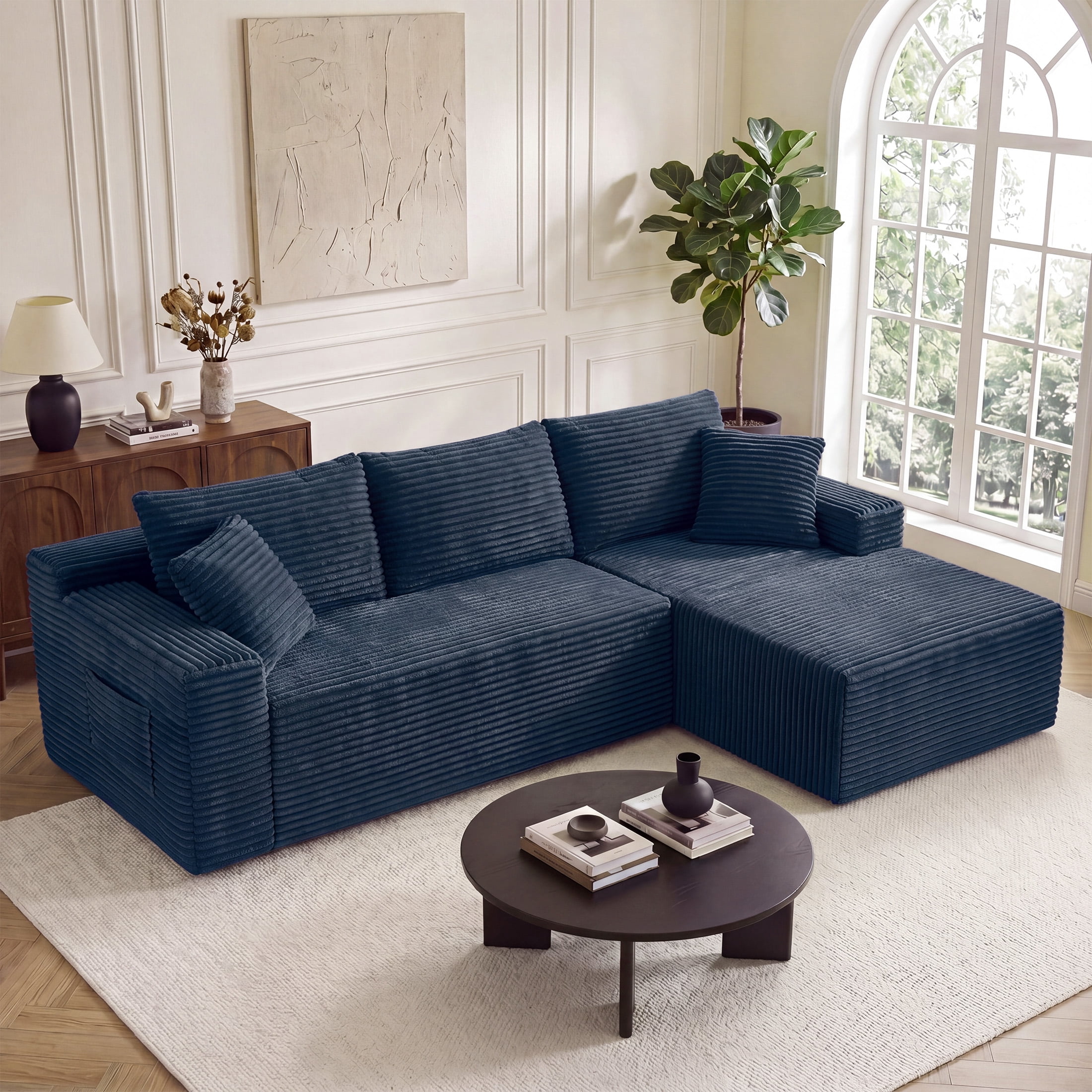 Aenkyo 95 Inch Corduroy L-Shaped Modular Sectional Sofa, Right Chaise, Blue