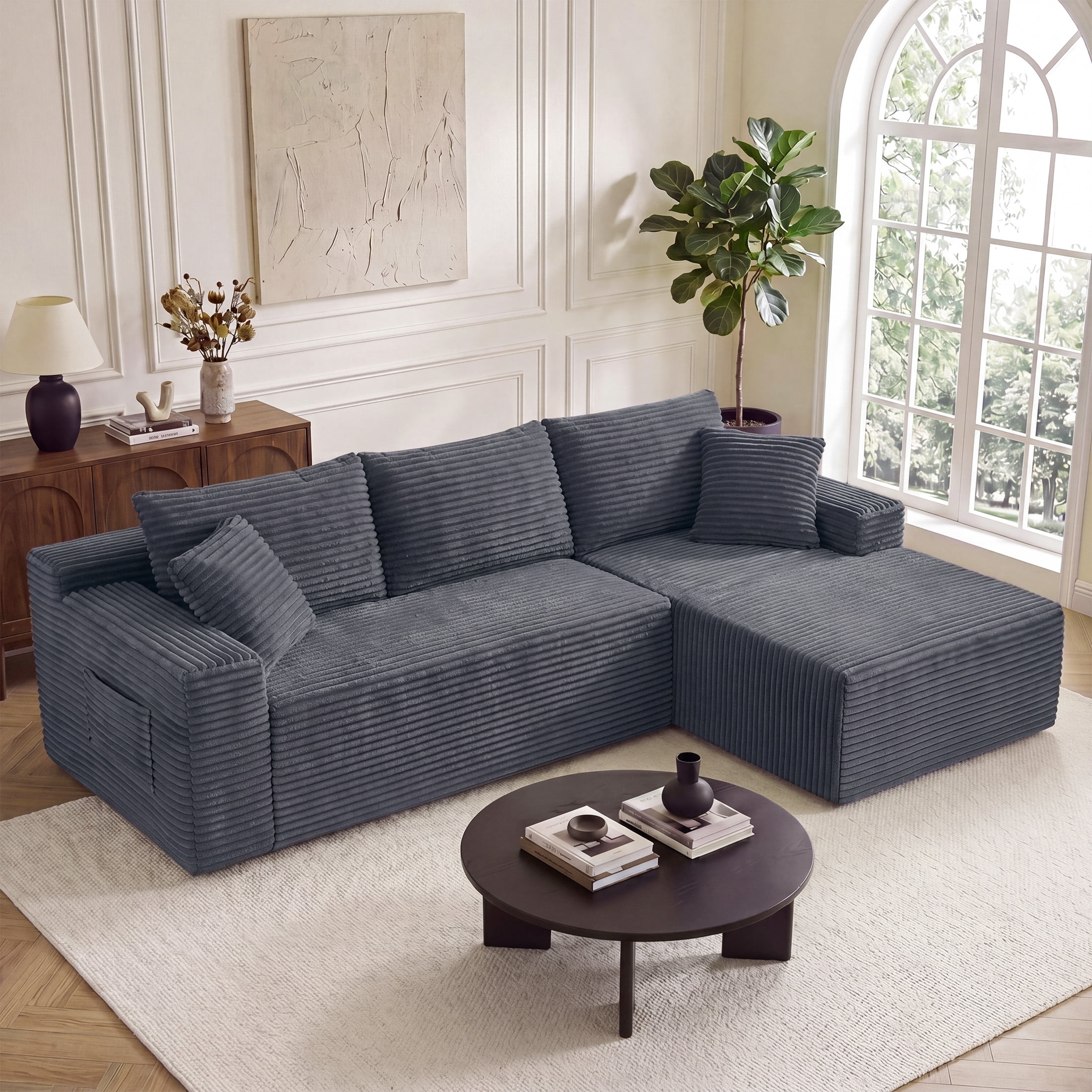 Aenkyo 95 Inch Corduroy L-Shaped Modular Sectional Sofa, Right Chaise, Gray