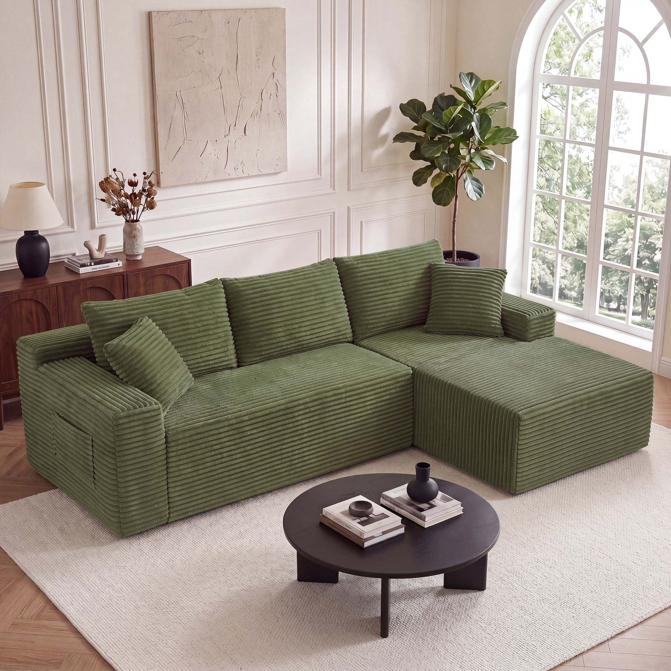 Aenkyo 95 Inch Corduroy L-Shaped Modular Sectional Sofa, Right Chaise, Green