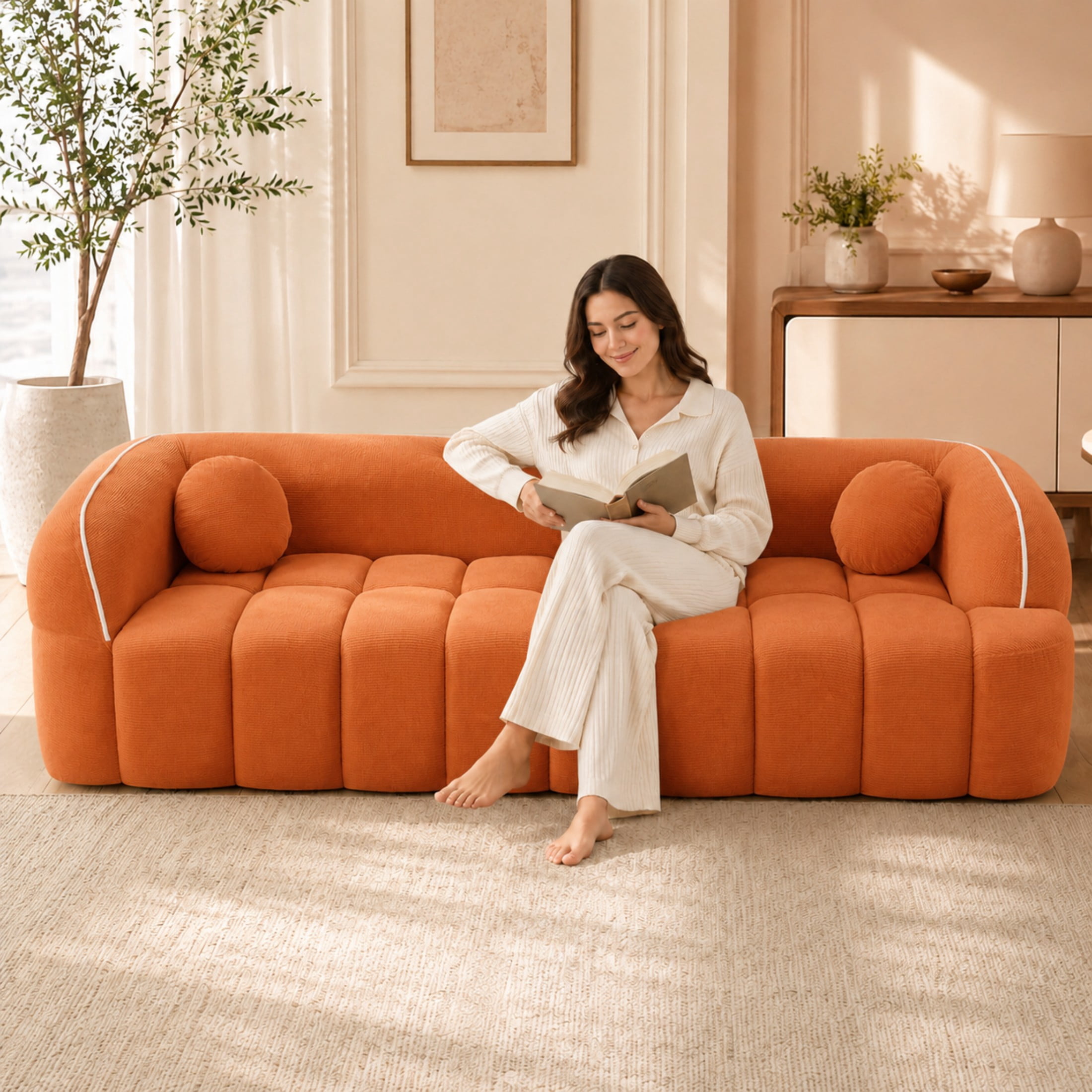 Aenkyo 99 Inch Corduroy Cloud Sofa Couch with Round Pillows, No Assembly, Orange