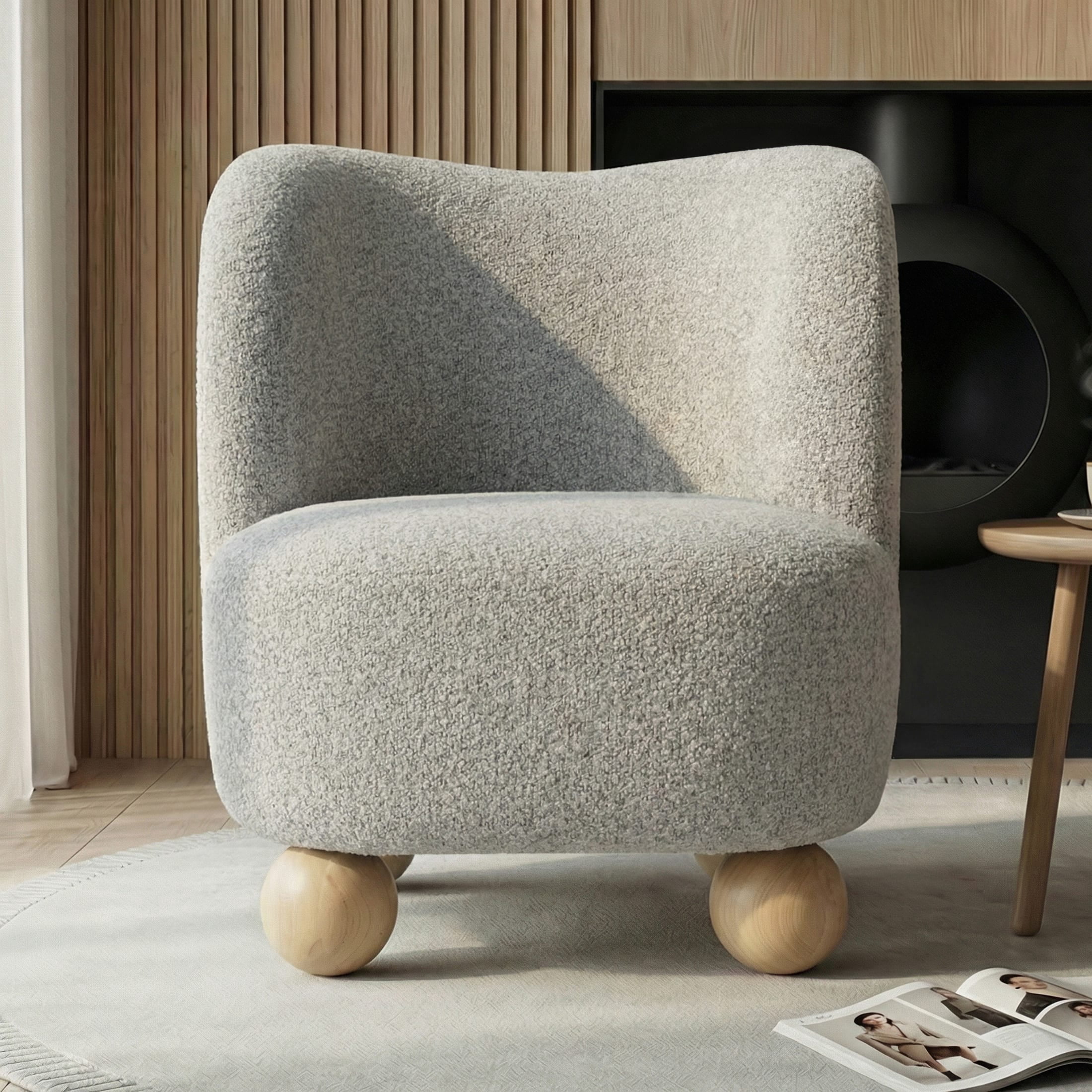 Aenkyo Contemporary Boucle Armless Accent Chair with Sculptural Wood Ball Feet, Gray