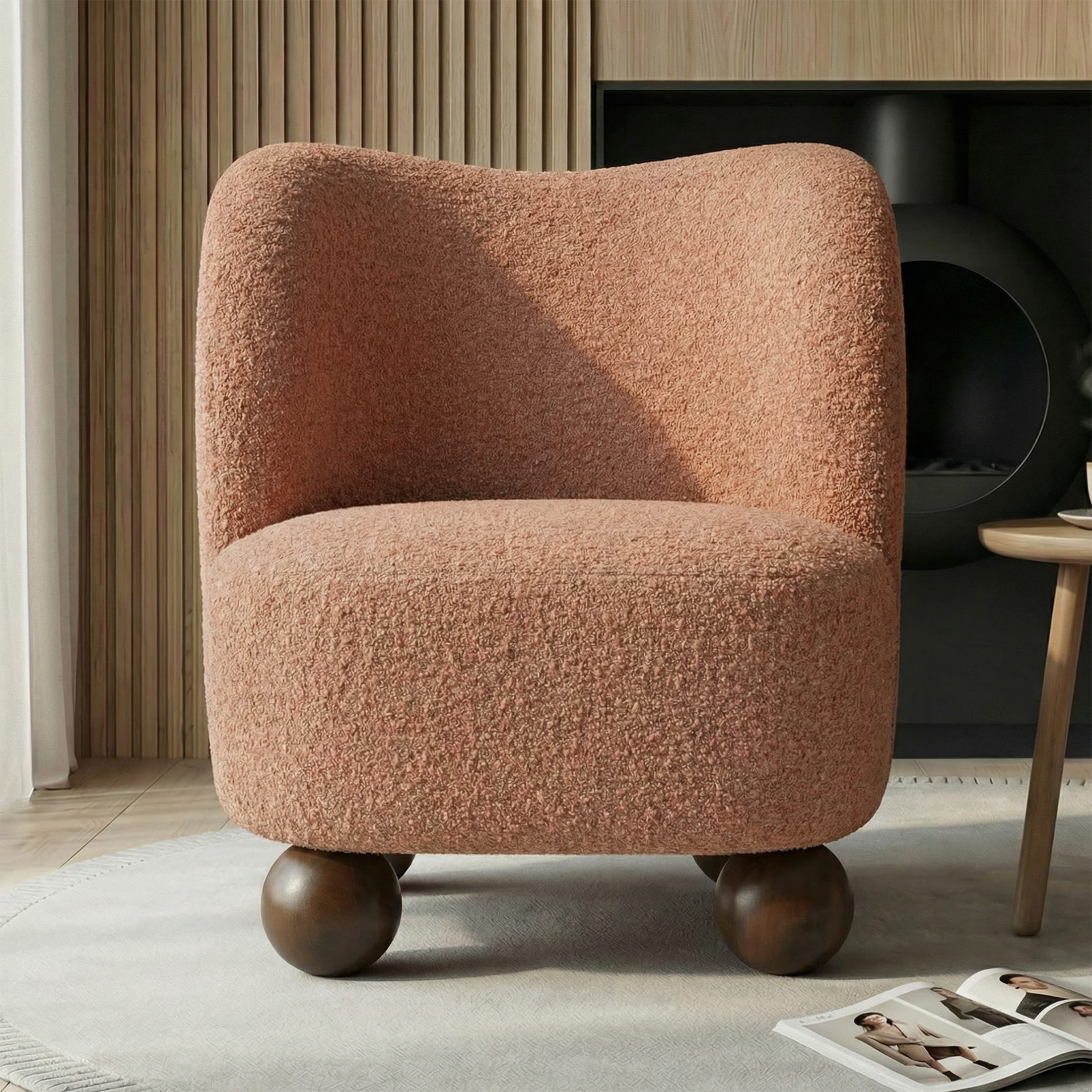 Aenkyo Contemporary Boucle Armless Accent Chair with Sculptural Wood Ball Feet, Pink