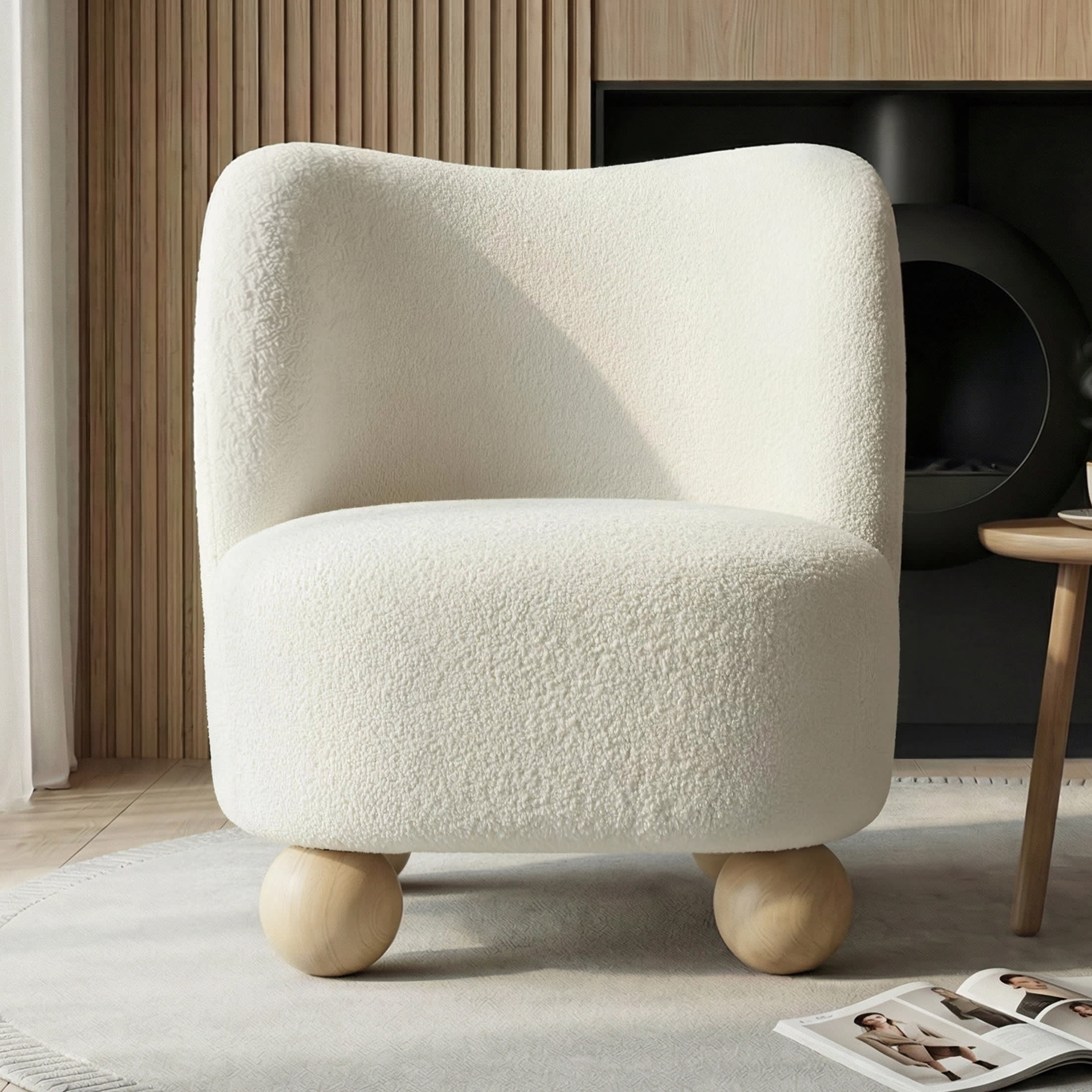 Aenkyo Contemporary Boucle Armless Accent Chair with Sculptural Wood Ball Feet, White