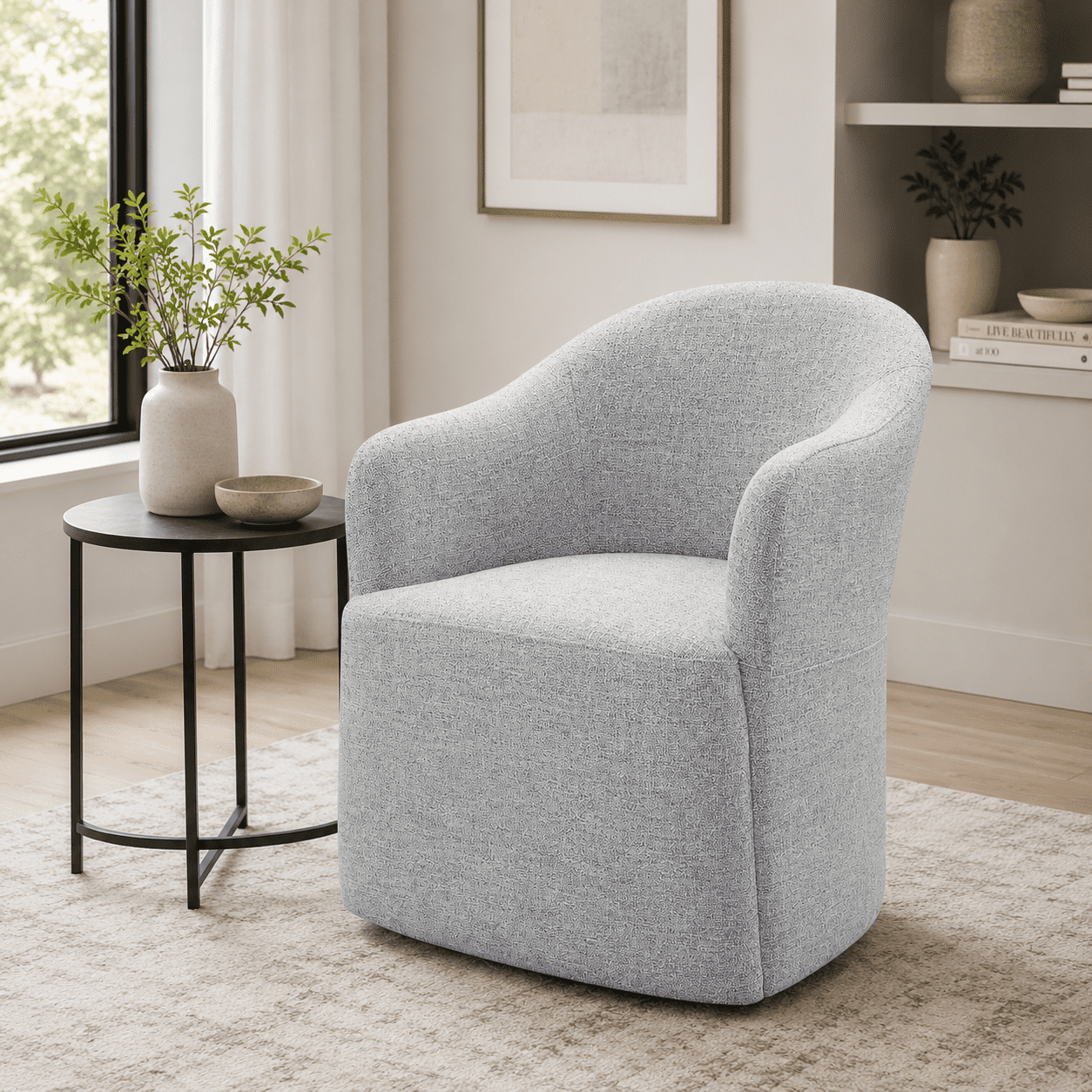 Aenkyo Dining Chair with Casters, Upholstered Barrel Back Rolling Accent Chair, Feather Gray