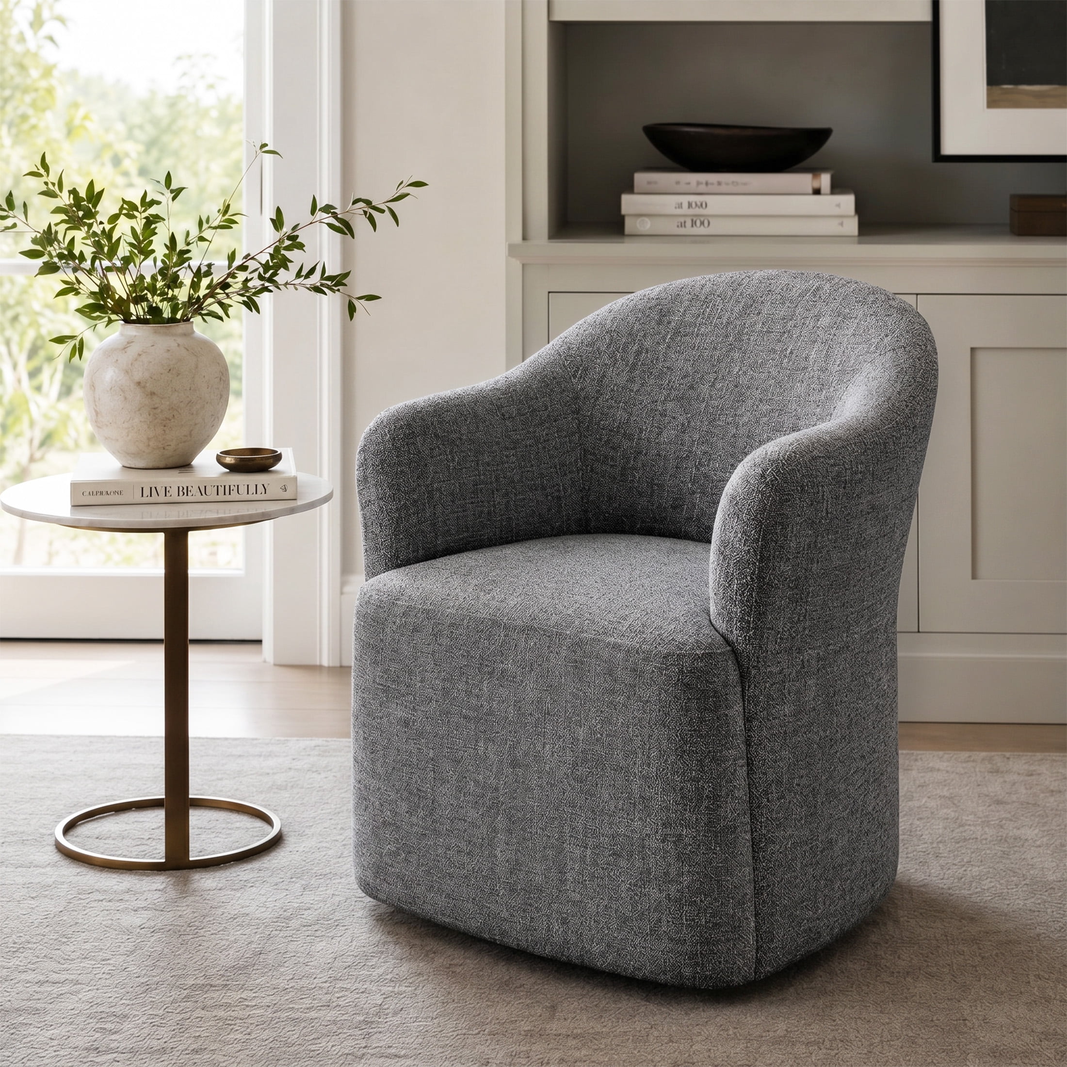 Aenkyo Dining Chair with Casters, Upholstered Barrel Back Rolling Accent Chair, Pewter Gray