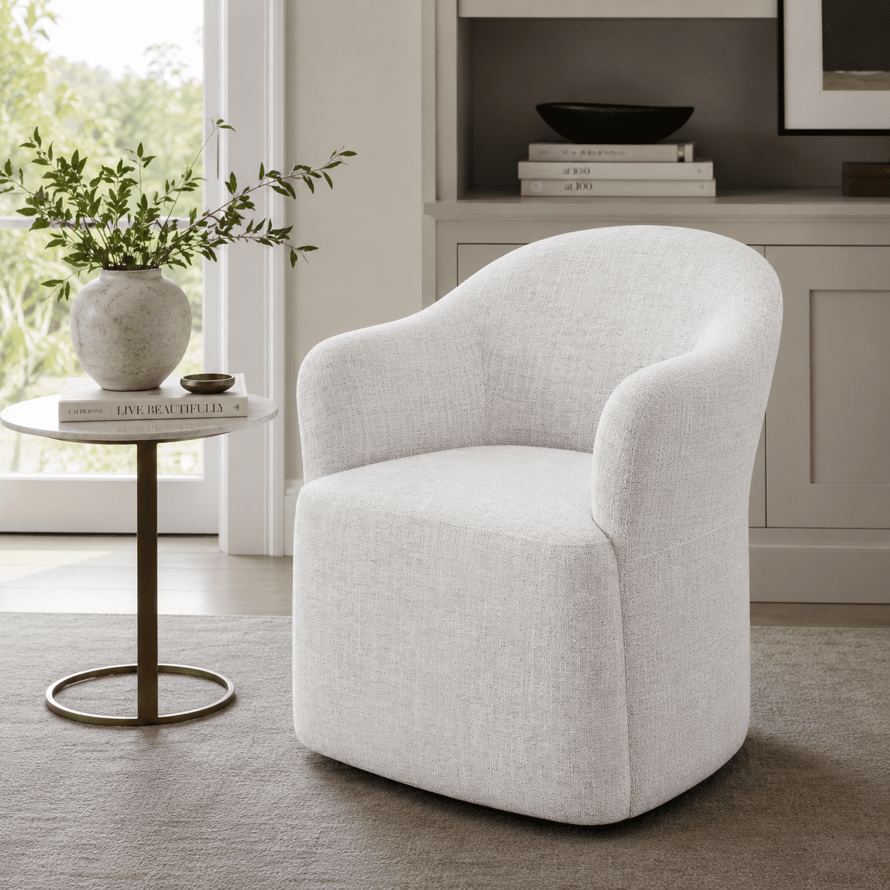 Aenkyo Dining Chair with Casters, Upholstered Barrel Back Rolling Accent Chair, White