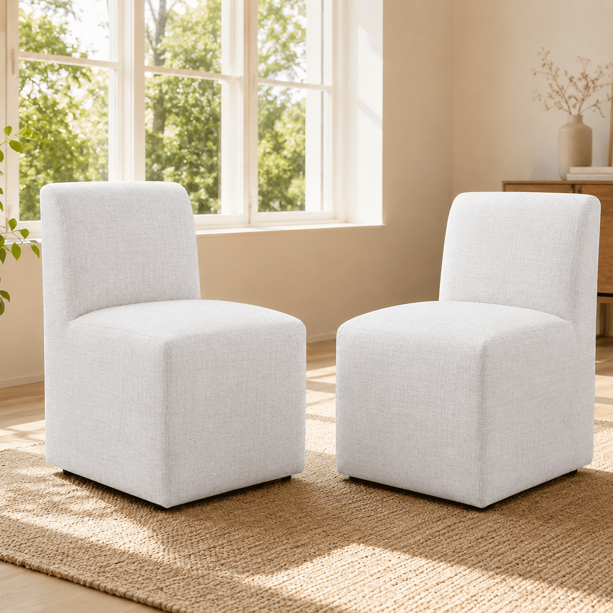 Aenkyo Dining Chairs with Casters, Set of 2, Upholstered Rolling Side Chairs, White