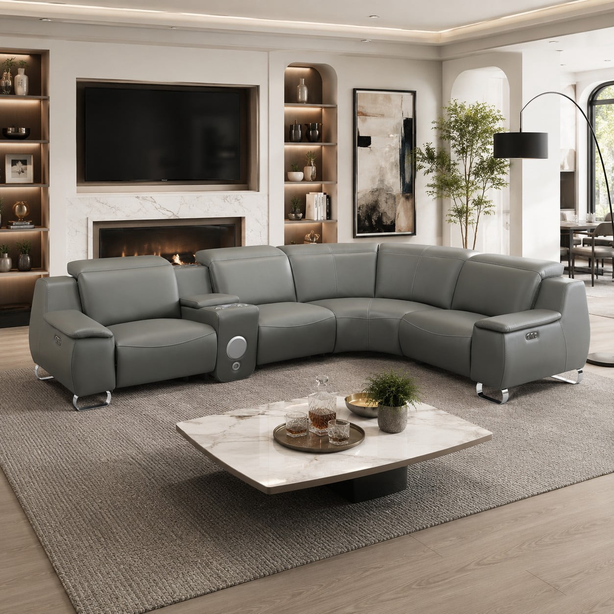 Aenkyo L-Shaped Faux Leather Power Reclining Sectional Sofa with Speaker and Wireless Charging, Gray