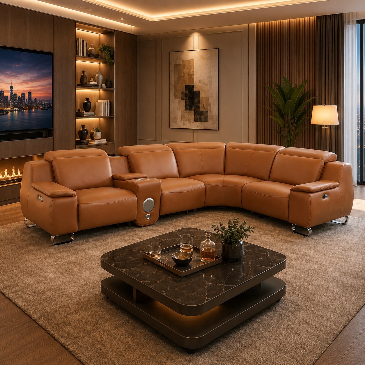 Aenkyo L-Shaped Faux Leather Power Reclining Sectional Sofa with Speaker and Wireless Charging, Orange