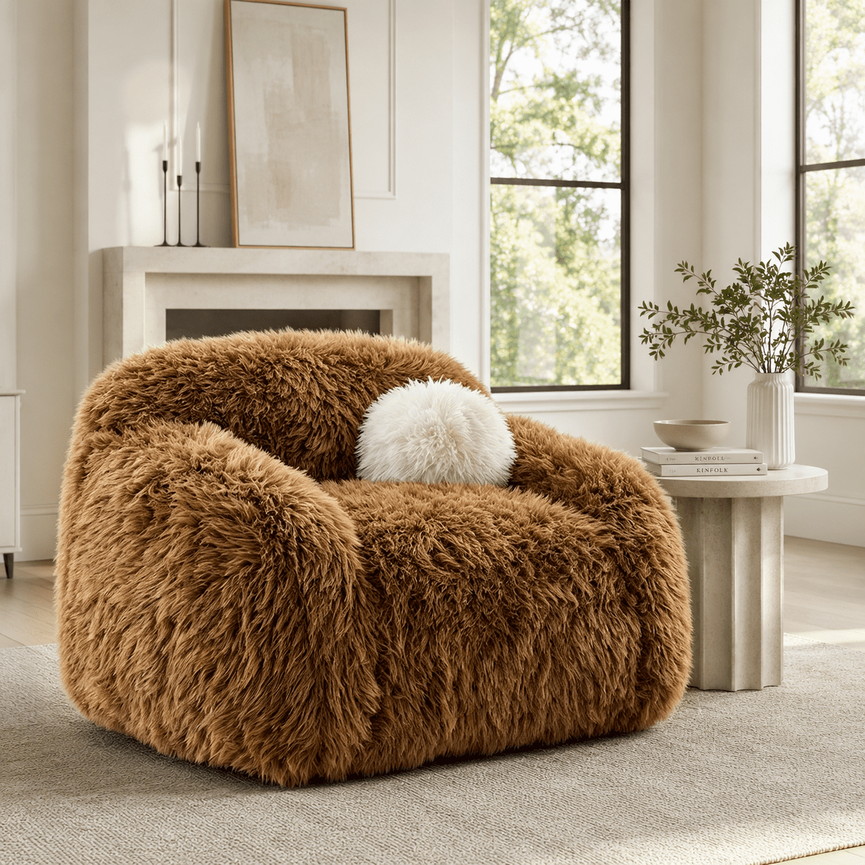 Aenkyo Oversized 360 Degree Swivel Accent Chair, Plush Faux Fur Barrel Sofa Chair, 25" Deep Seat, Camel Brown