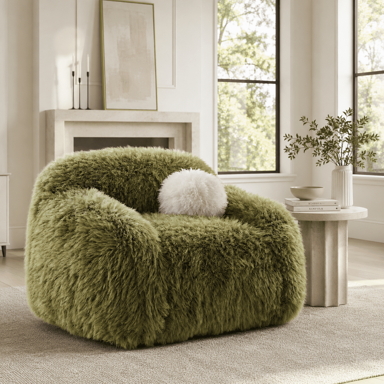 Aenkyo Oversized 360 Degree Swivel Accent Chair, Plush Faux Fur Barrel Sofa Chair, 25" Deep Seat, Green