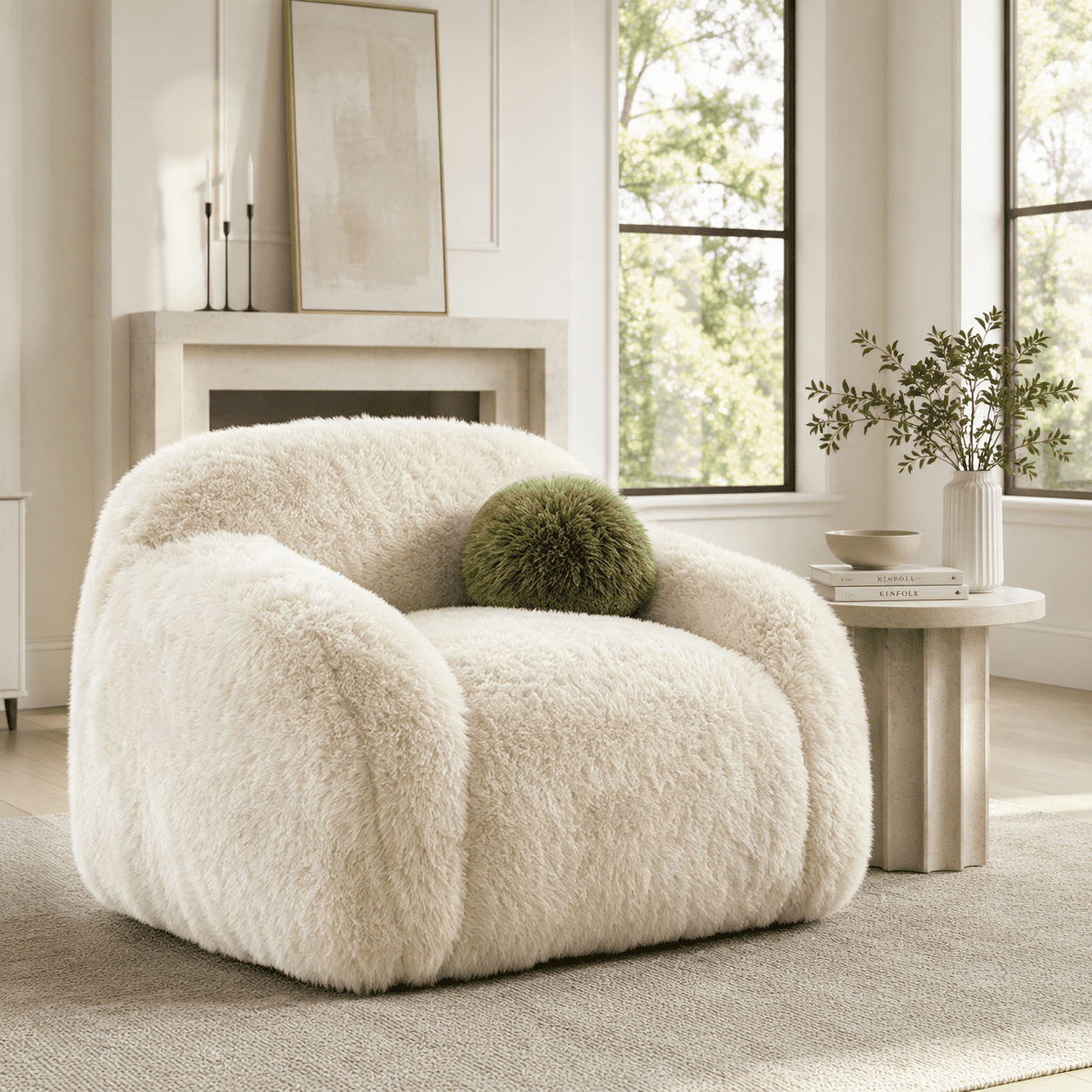 Aenkyo Oversized 360 Degree Swivel Accent Chair, Plush Faux Fur Barrel Sofa Chair, 25" Deep Seat, Sand