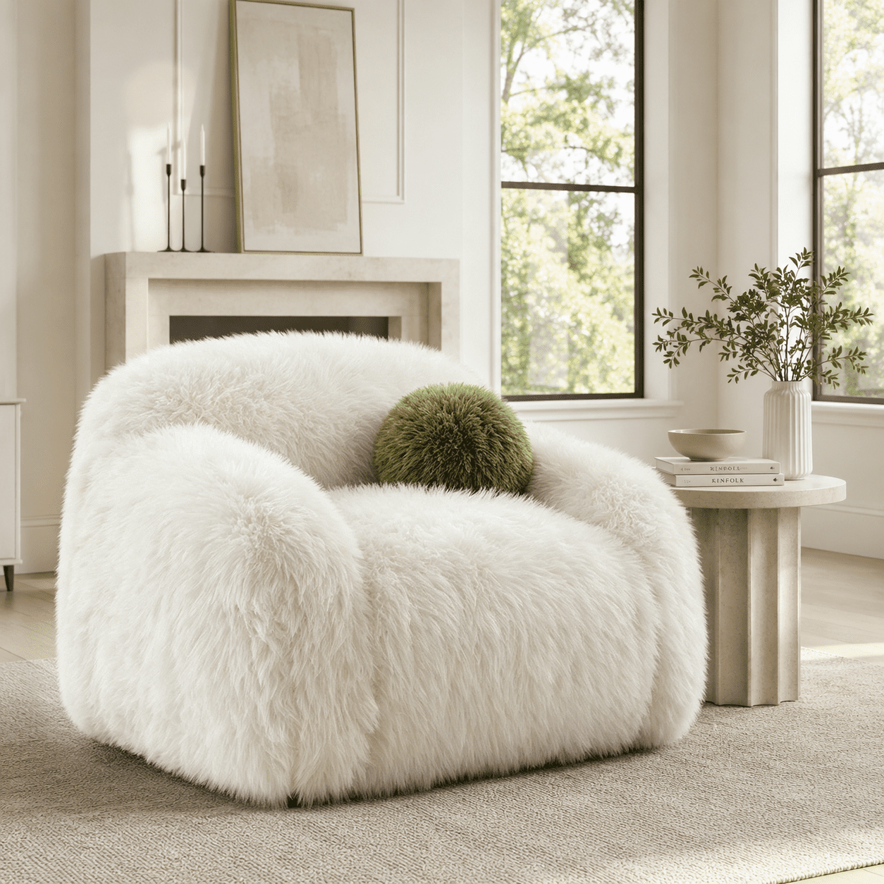 Aenkyo Oversized 360 Degree Swivel Accent Chair, Plush Faux Fur Barrel Sofa Chair, 25" Deep Seat, White