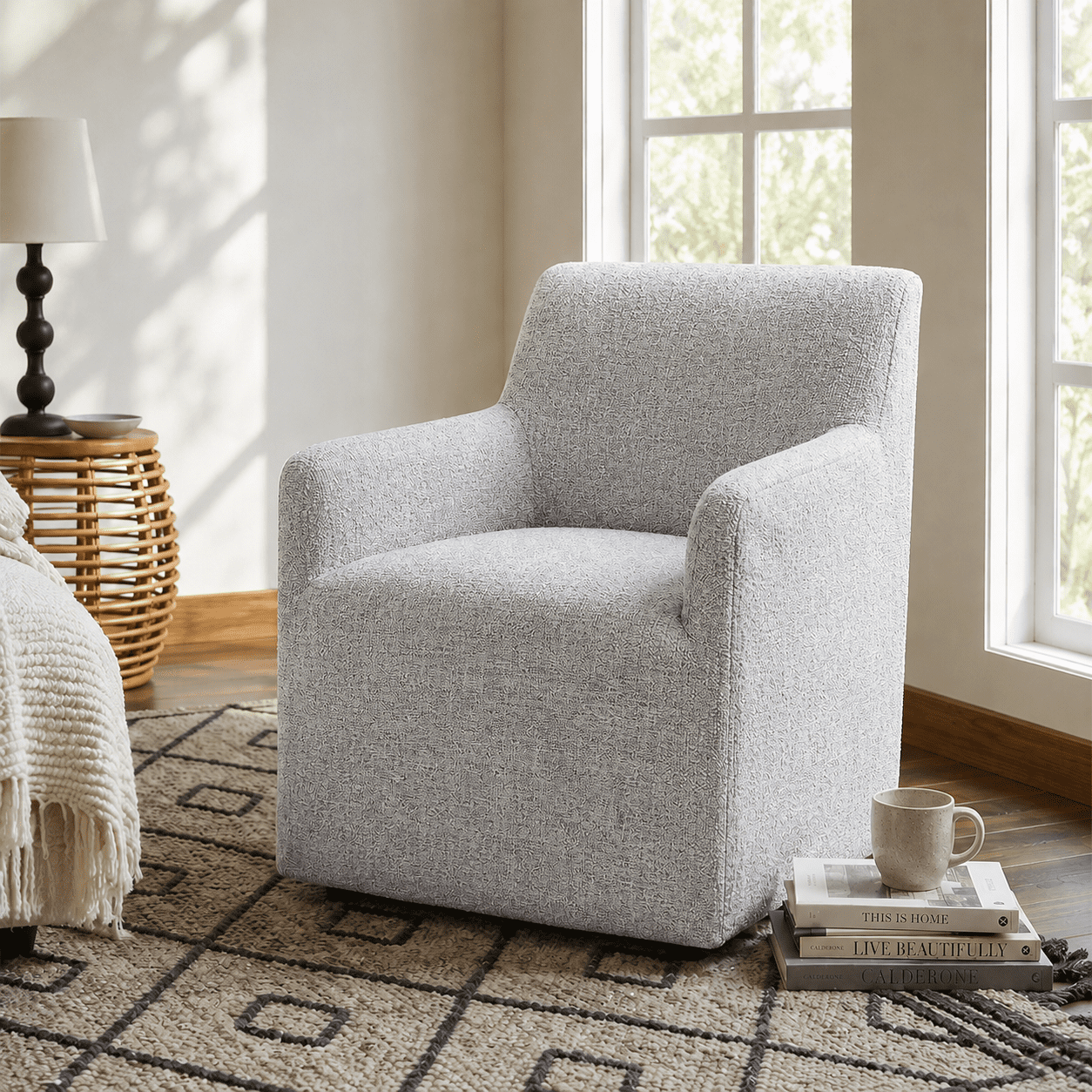 Aenkyo Upholstered Dining Arm Chair with Casters, Barrel Back Rolling Accent Chair, Feather Gray