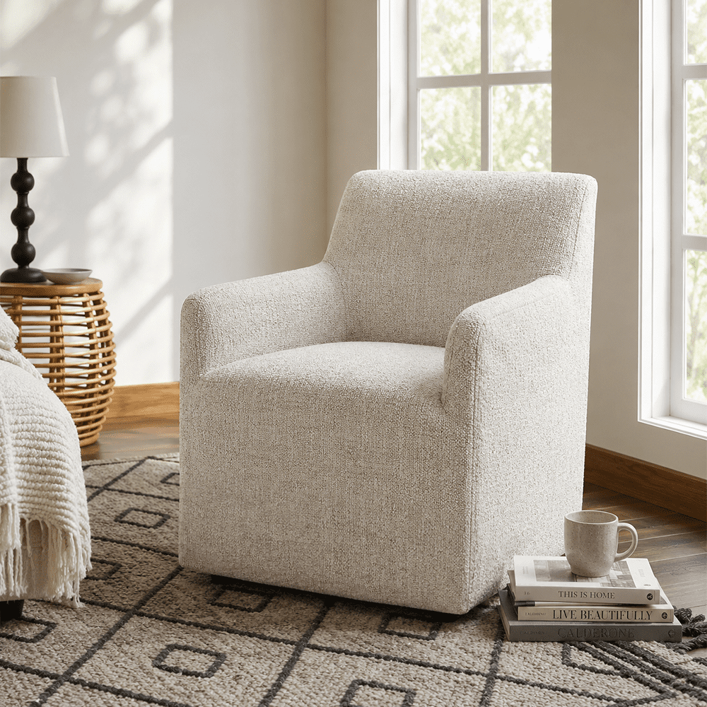 Aenkyo Upholstered Dining Arm Chair with Casters, Barrel Back Rolling Accent Chair, Ginger Brown