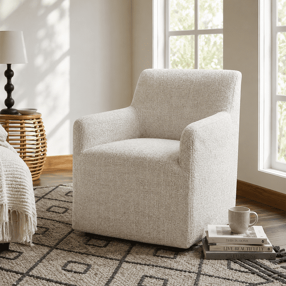 Aenkyo Upholstered Dining Arm Chair with Casters, Barrel Back Rolling Accent Chair, Ginger Brown