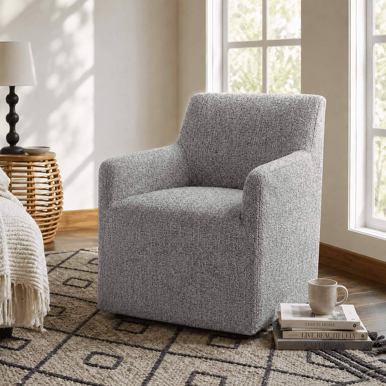 Aenkyo Upholstered Dining Arm Chair with Casters, Barrel Back Rolling Accent Chair, Pewter Gray