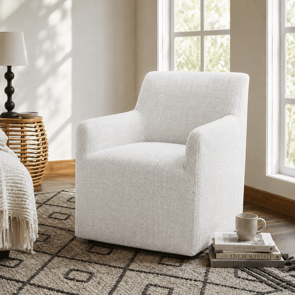 Aenkyo Upholstered Dining Arm Chair with Casters, Barrel Back Rolling Accent Chair, White
