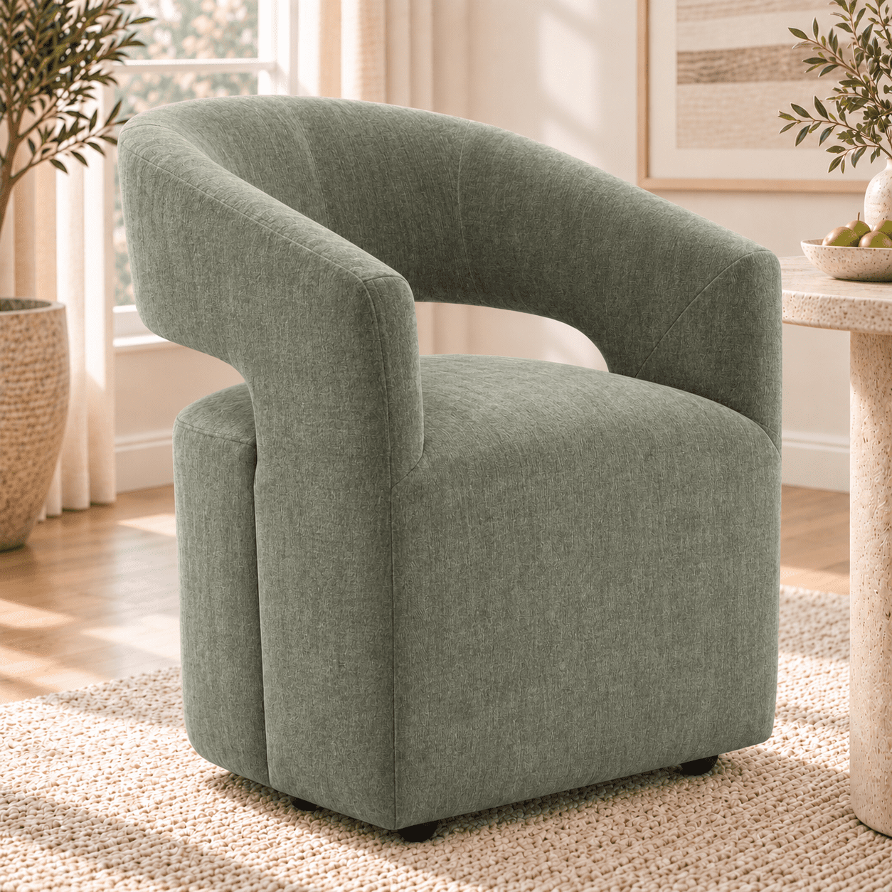 Aenkyo Upholstered Dining Arm Chair with Casters, Barrel Back Textured ...