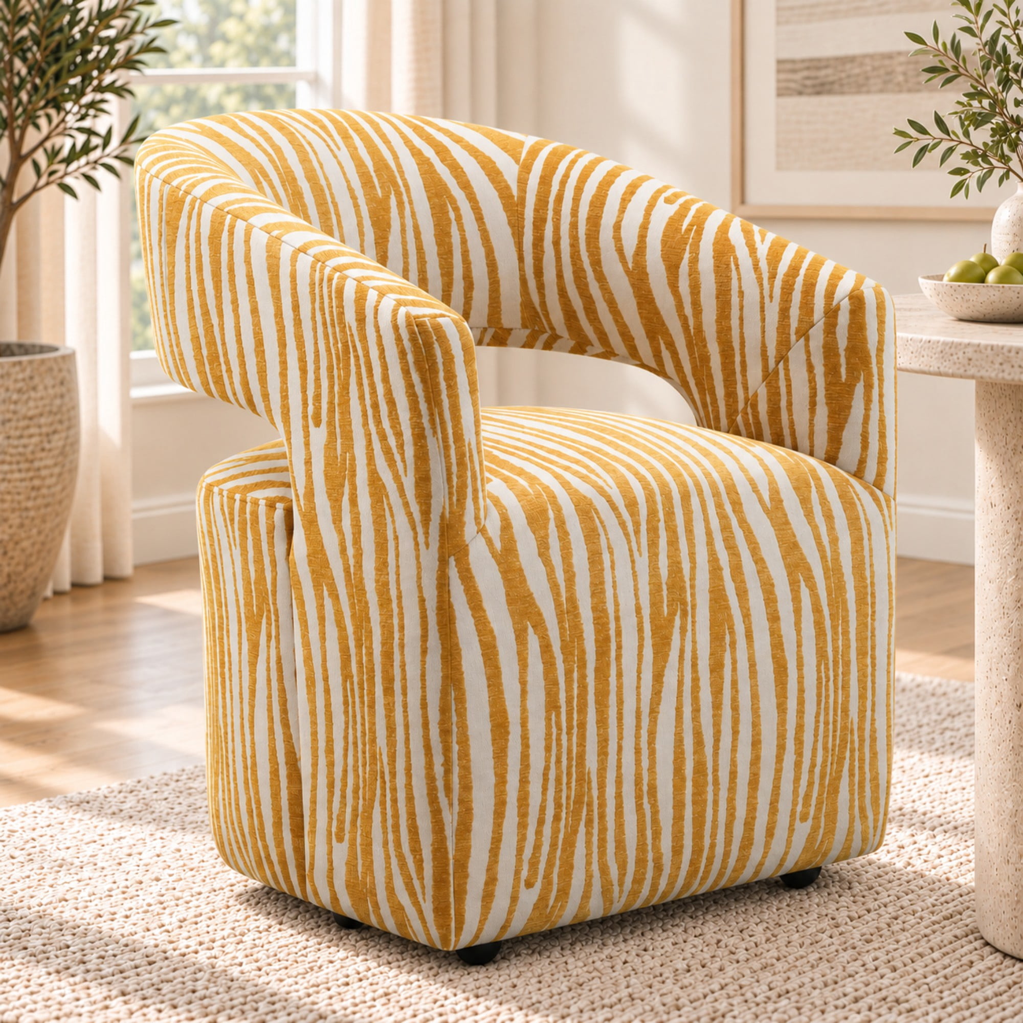 Aenkyo Upholstered Dining Arm Chair with Casters, Zebra-Stripe Barrel ...