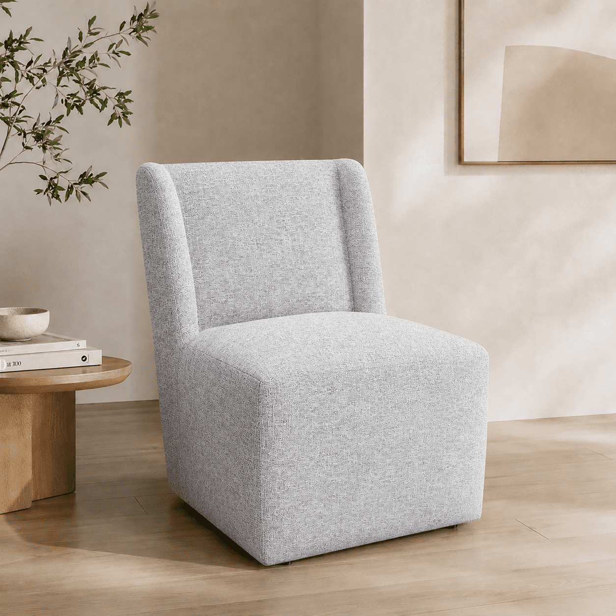 Aenkyo Upholstered Dining Chair with Casters, Modern Wingback Accent Side Chair, Feather Gray