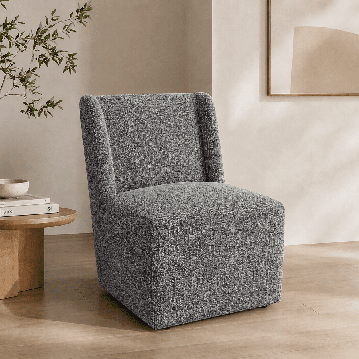 Aenkyo Upholstered Dining Chair with Casters, Modern Wingback Accent Side Chair, Pewter Gray