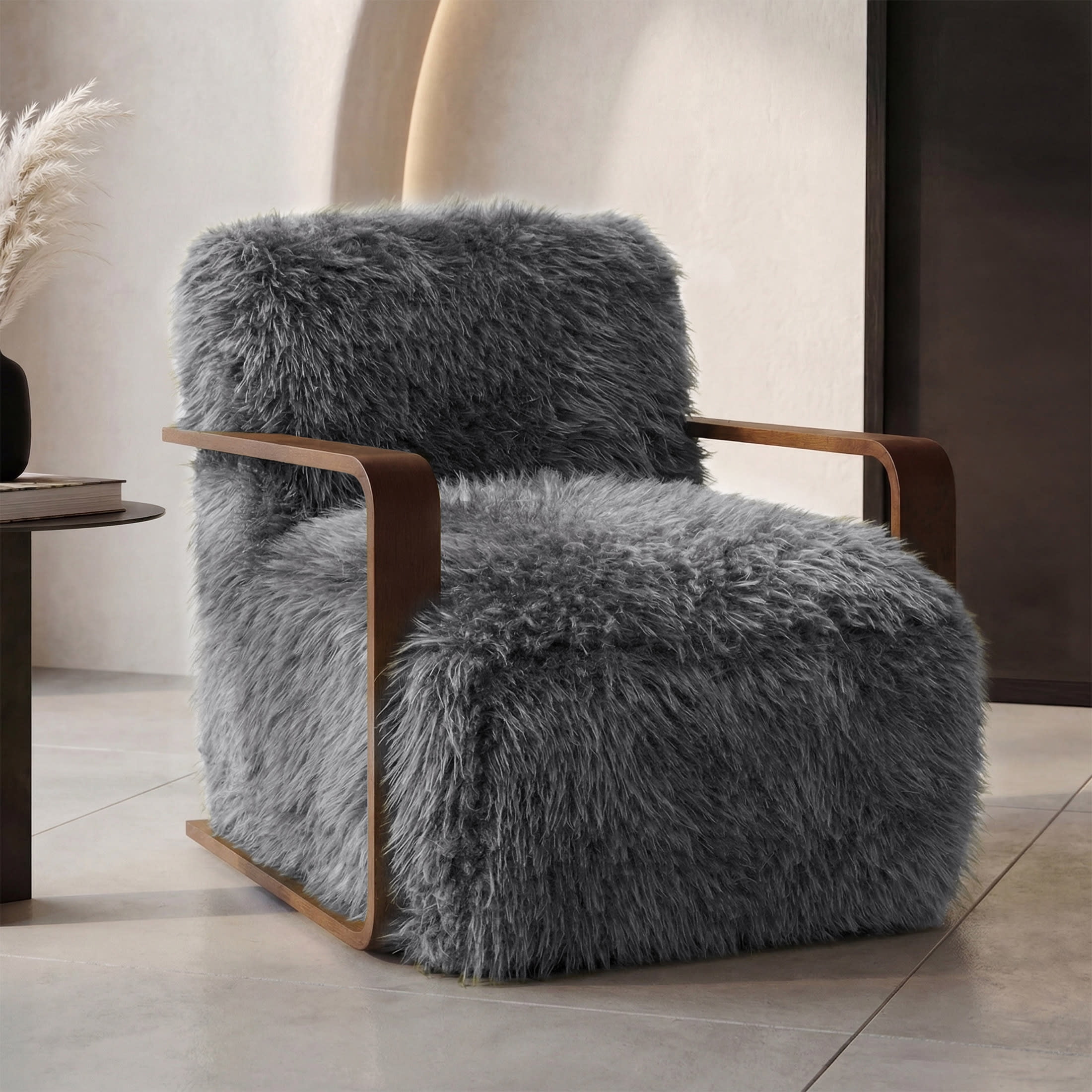 Aenkyo Yeti Contemporary Faux Fur Accent Chair with Dark Walnut Wood Arms, Gray