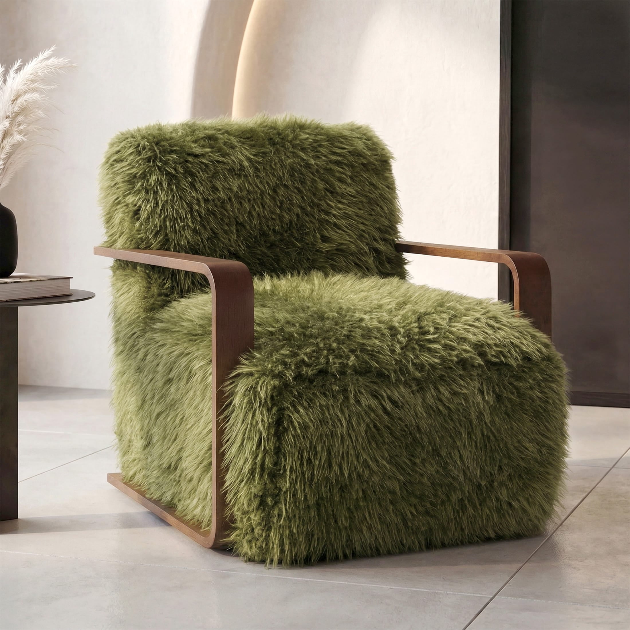 Aenkyo Yeti Contemporary Faux Fur Accent Chair with Dark Walnut Wood Arms, Green