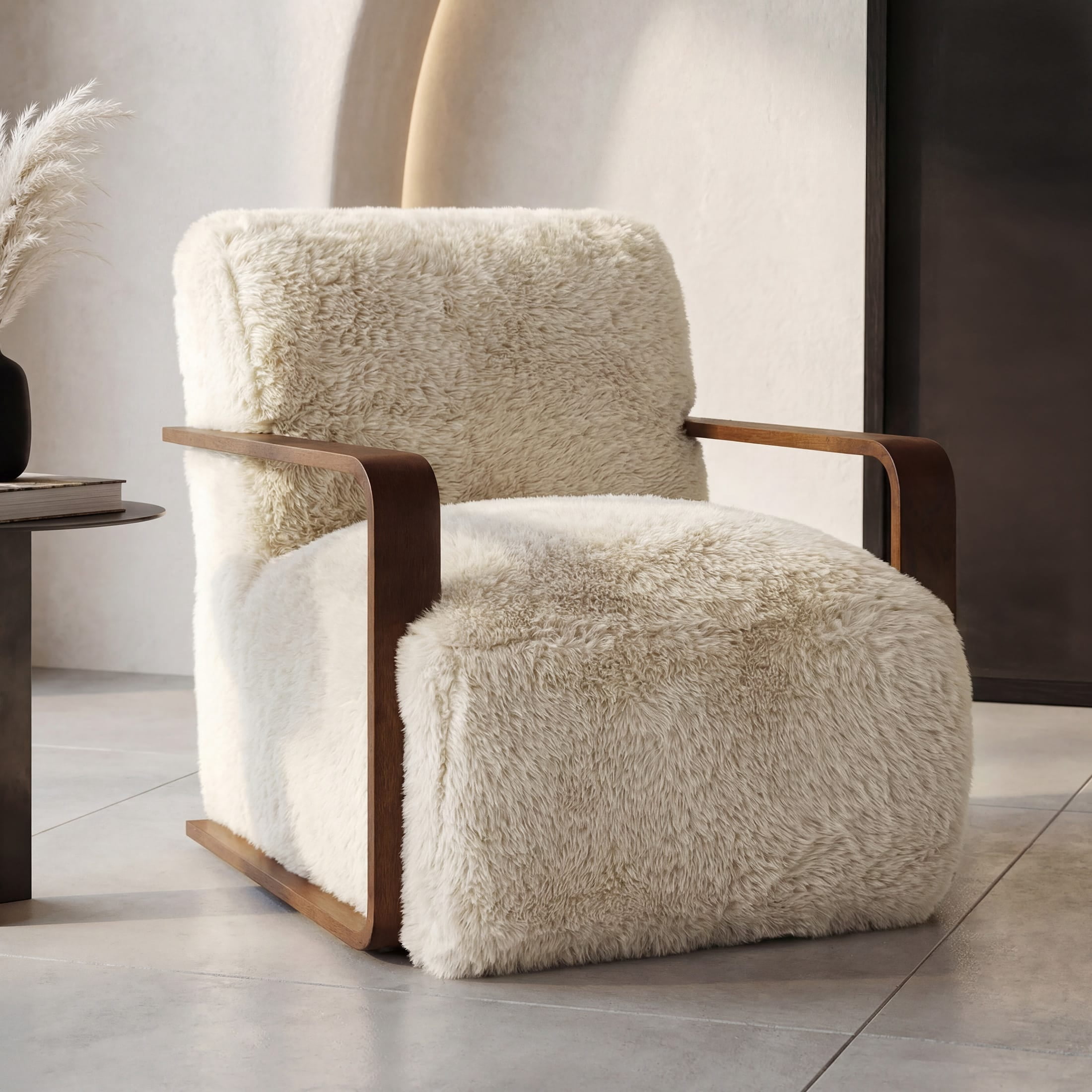 Aenkyo Yeti Contemporary Faux Fur Accent Chair with Dark Walnut Wood Arms, Ivory