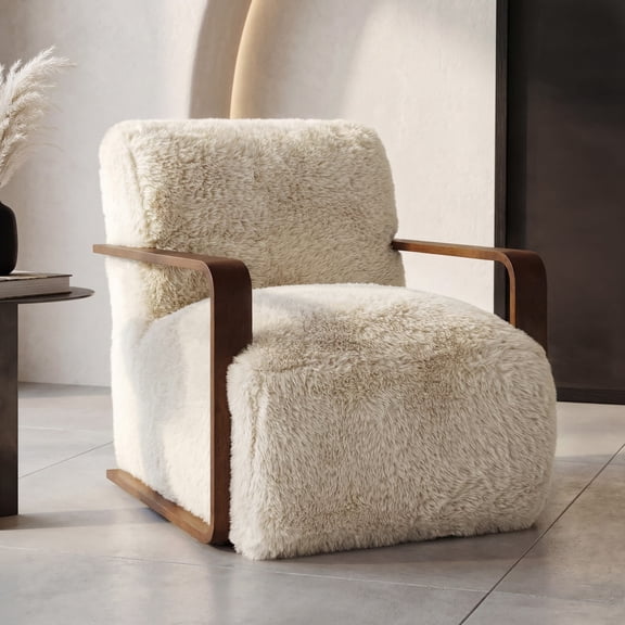 Aenkyo Yeti Contemporary Faux Fur Accent Chair with Dark Walnut Wood Arms, Ivory