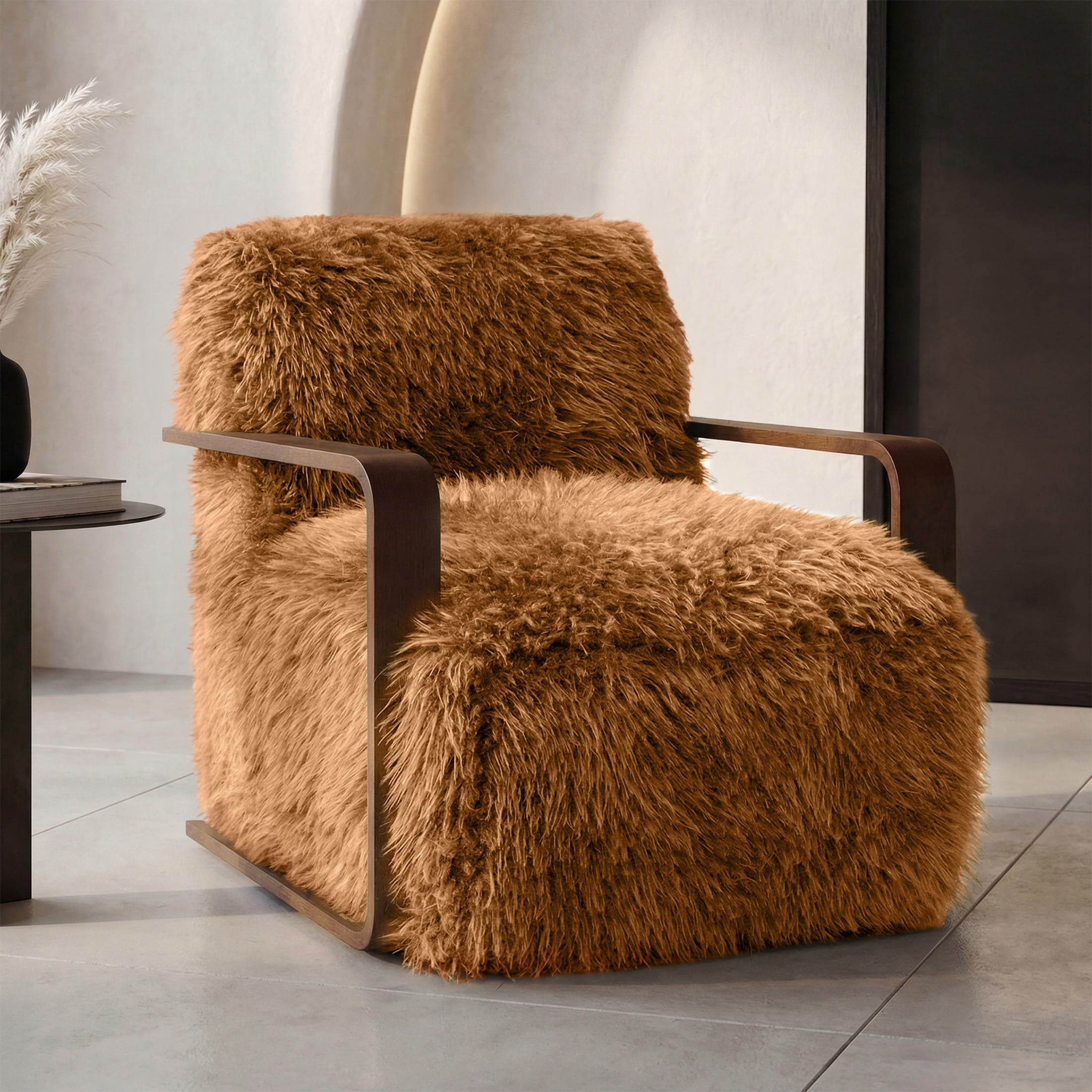 Aenkyo Yeti Contemporary Faux Fur Accent Chair with Dark Walnut Wood Arms, Orange