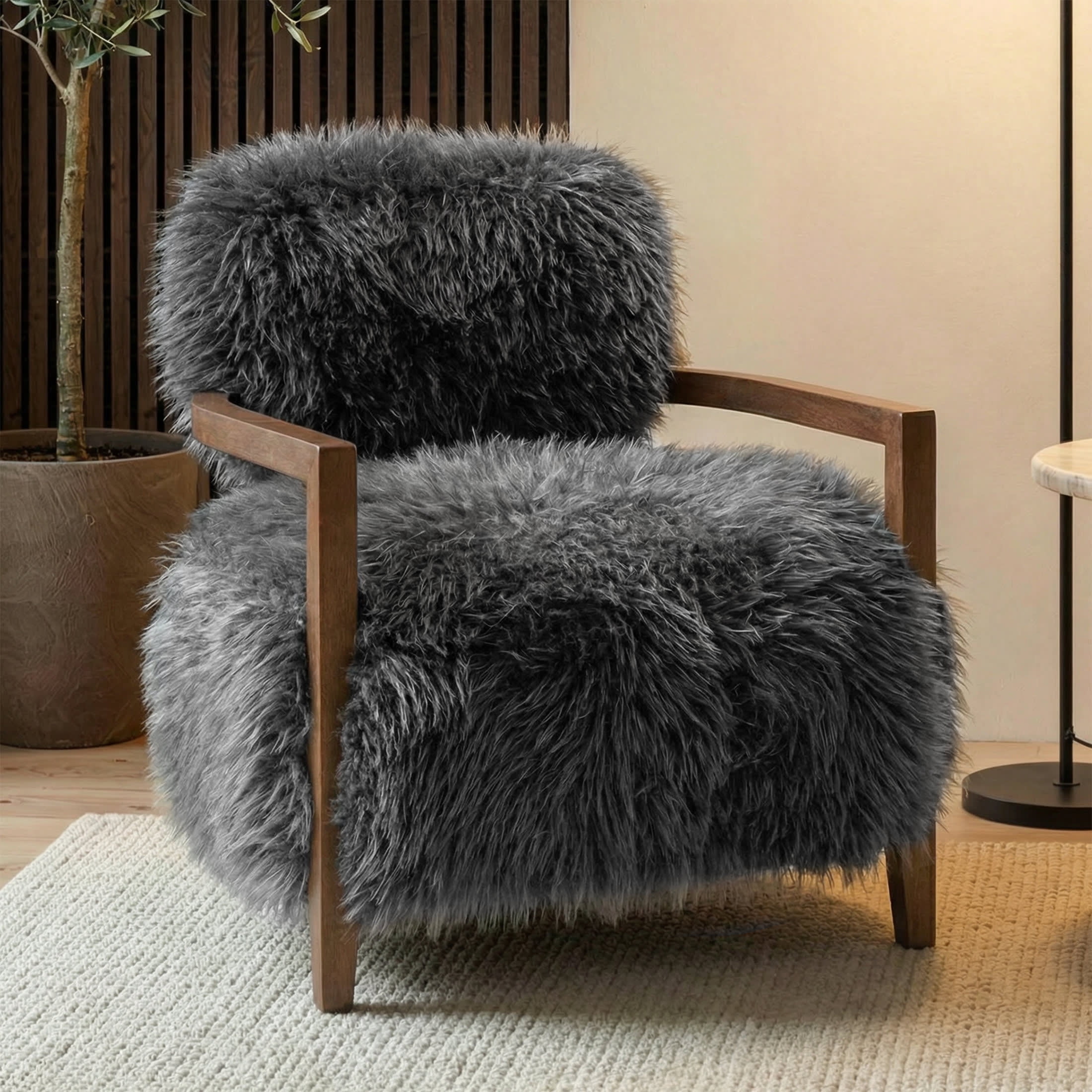 Aenkyo Yeti Contemporary Faux Fur Accent Chair with Walnut Wood Arms, Gray