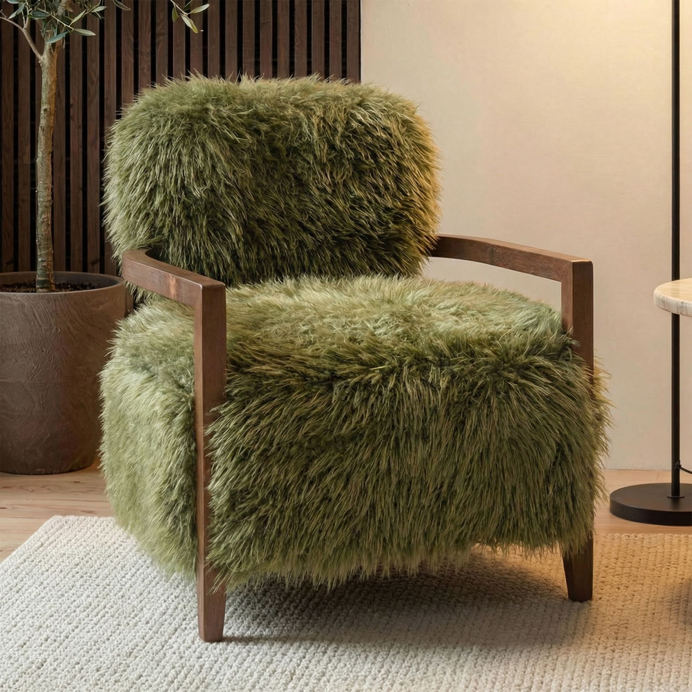 Aenkyo Yeti Contemporary Faux Fur Accent Chair with Walnut Wood Arms, Green