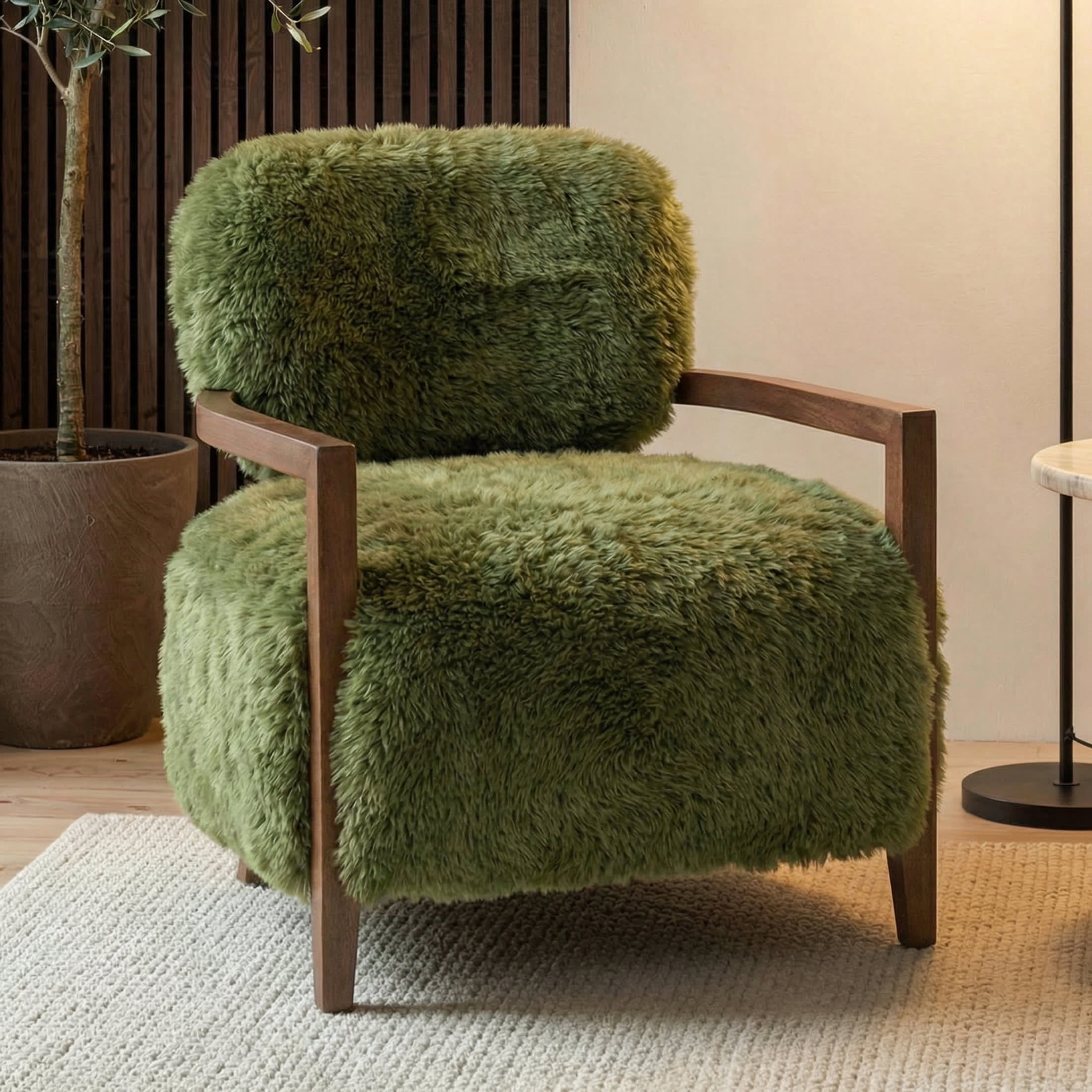 Aenkyo Yeti Contemporary Faux Fur Accent Chair with Walnut Wood Arms, Green