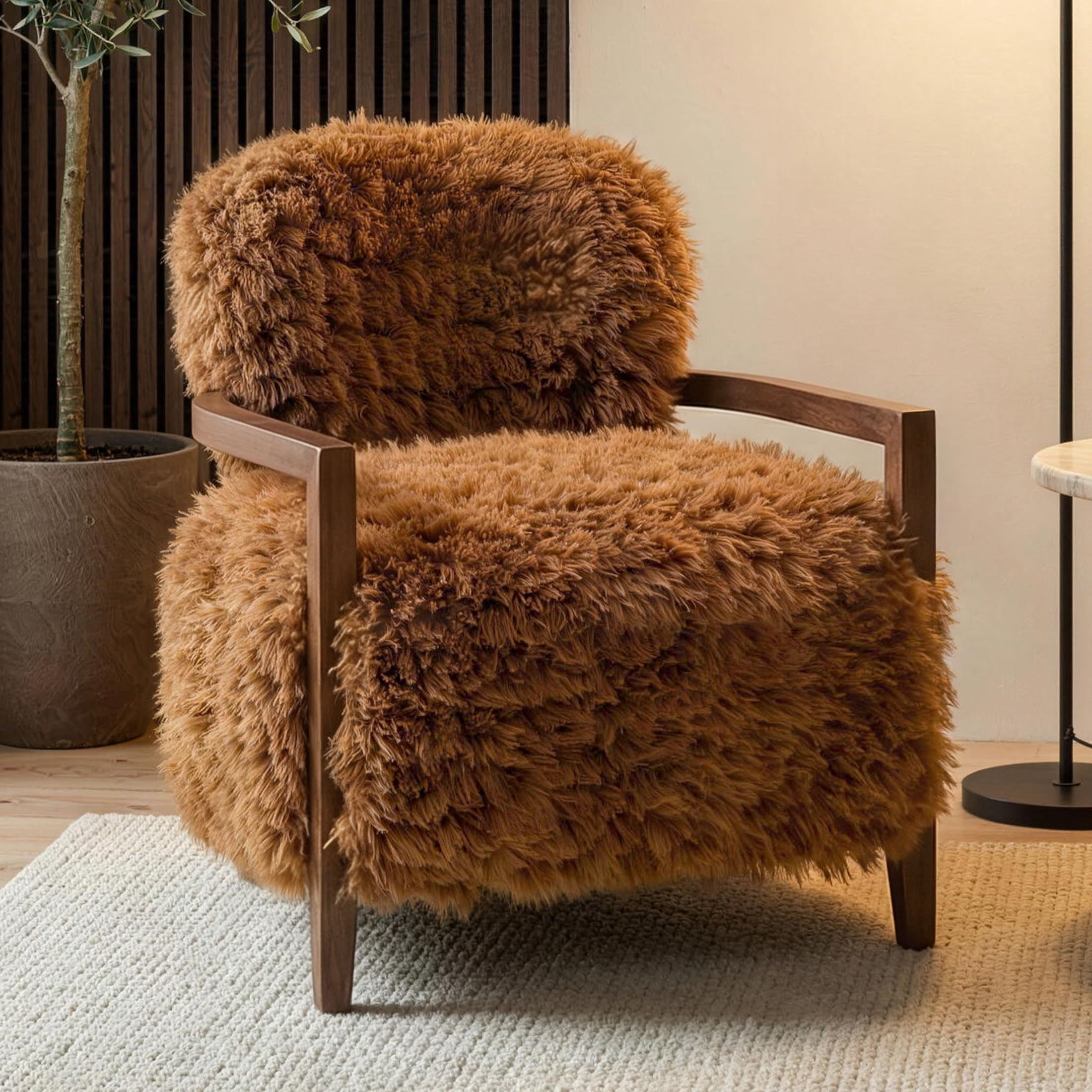 Aenkyo Yeti Contemporary Faux Fur Accent Chair with Walnut Wood Arms, Orange