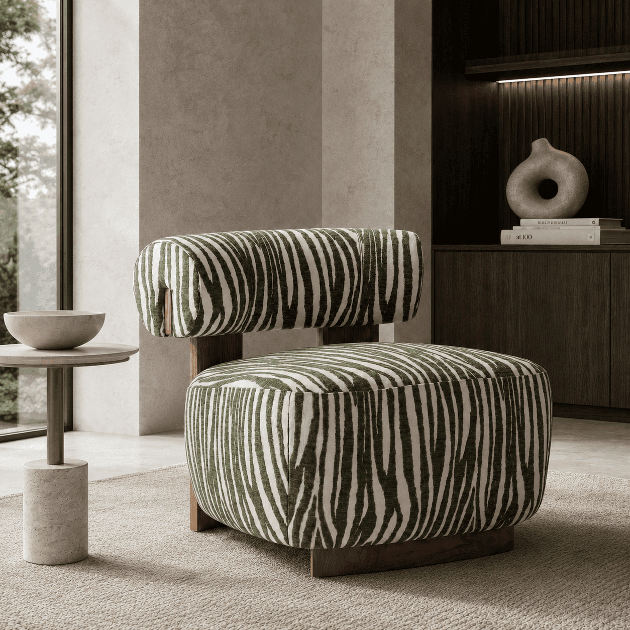 Aenkyo Zebra Stripe Chenille Accent Chair, 24 Inch Deep Seat Armless Chair, Green