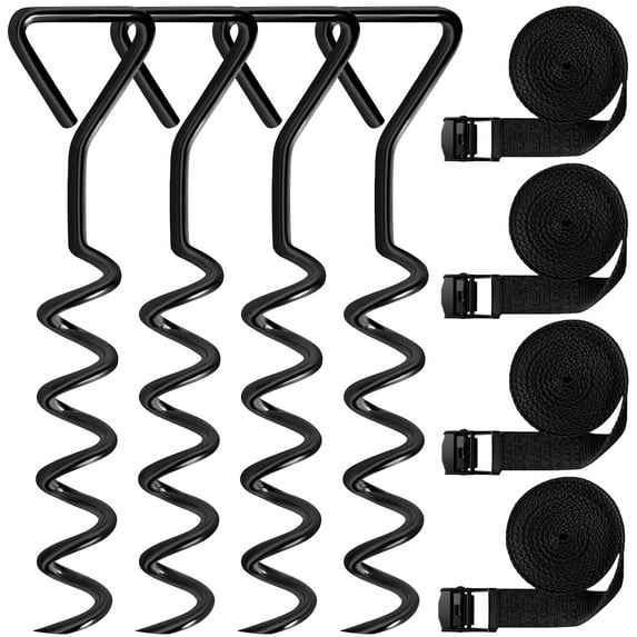 Trampoline Stakes Tent Garden Stake Heavy Duty Trampoline Parts Tent Canopies, Carports,Swing Sets Stake Corkscrew Shape Steel Stakes Anchor Kit,Bonus 4 Strong Belt,Black